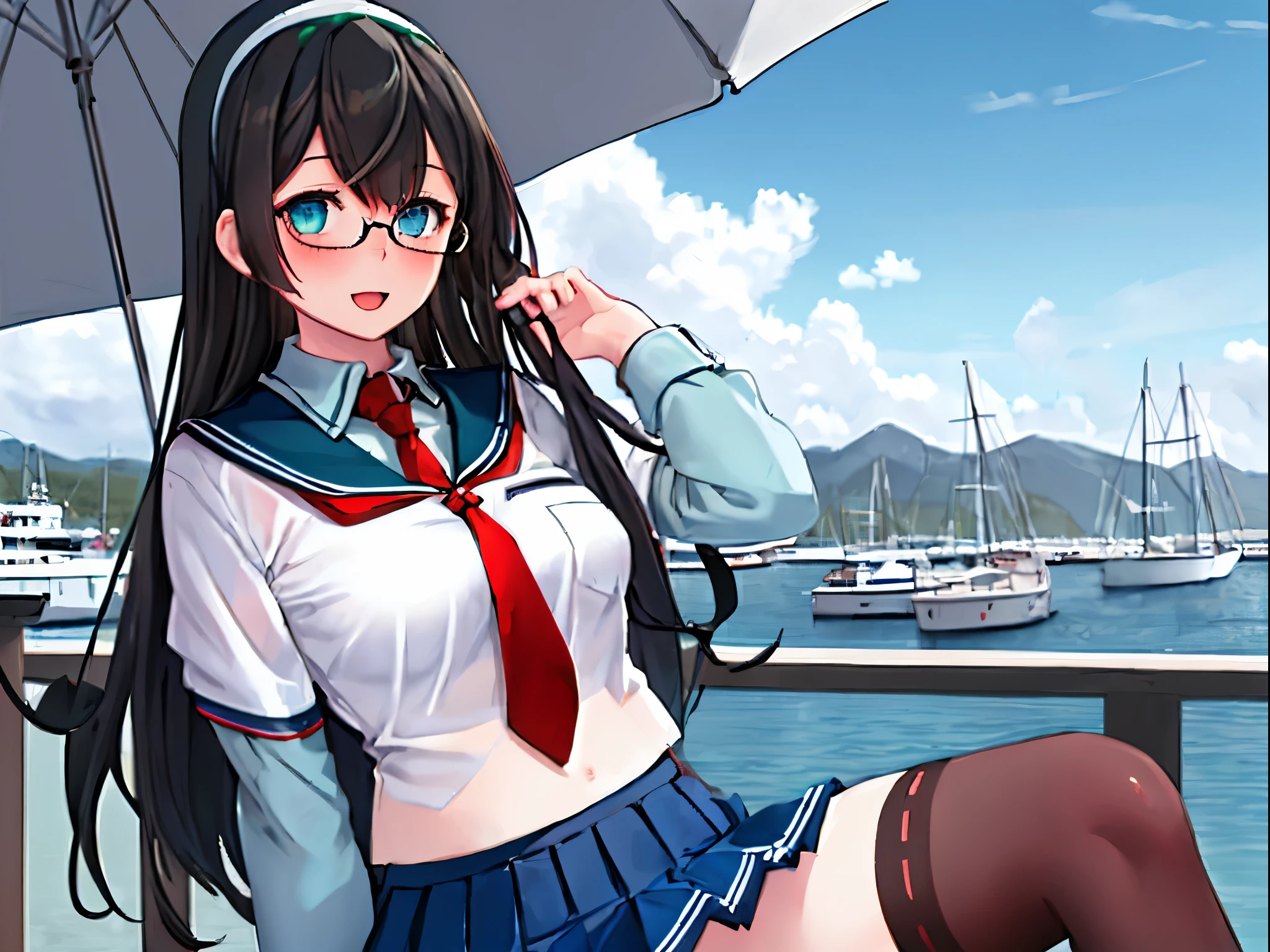 best quality, masterpiece, highres, solo, {ooyodo_kantaicollection:1.15}, black_hair, long_hair, glasses, hairband, semi-rimless_eyewear, under-rim_eyewear, blue_eyes, green_eyes, small_breasts, 1girl, looking_at_viewer, necktie, harbor_background, red_necktie,angry,smile,Proudly,(bunny_suits:1.5),bunny_ears,thighs,fishnet_pantyhose,cuffs,