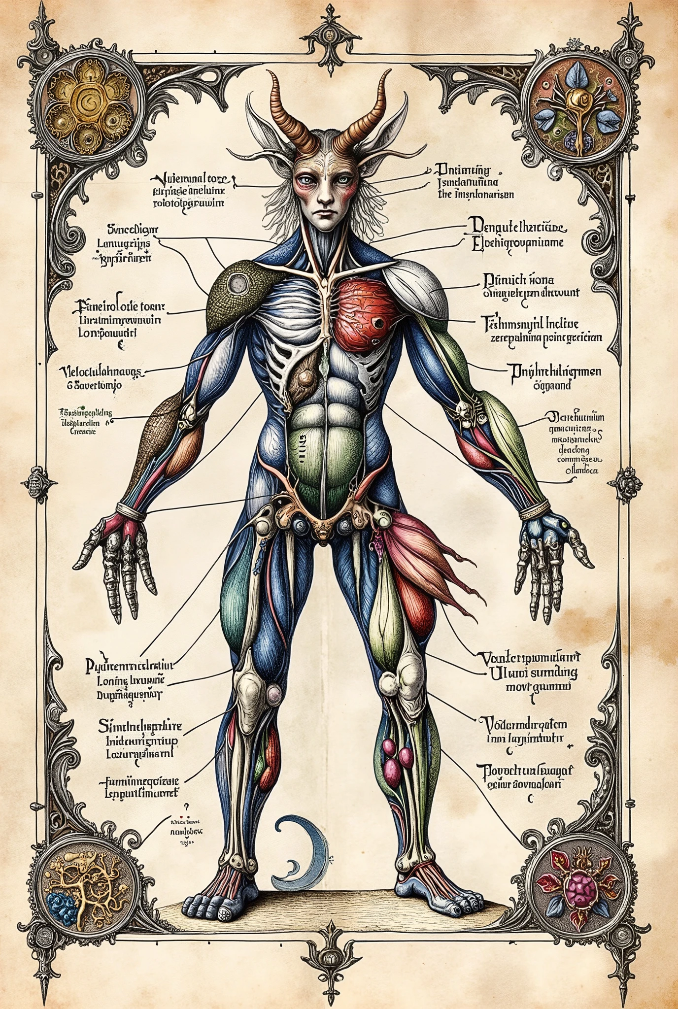 Colourful Medieval Illuminated manuscript style artwork, black ink pen linework illustration, ((textbook manuscript page)) of labelled anatomical drawing of ((mythical fantastical woodland dreamland ((Unseelie court)) creature)), showing dissected body parts.