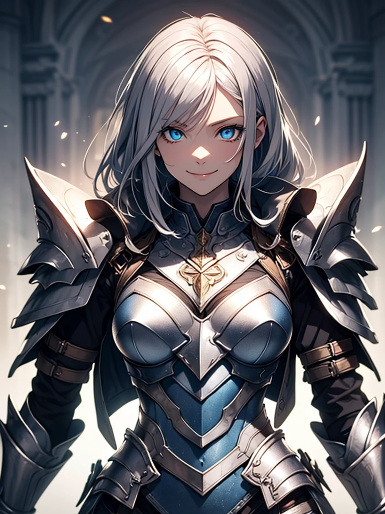 ((master piece)), ((very detailed, high quality)) 1woman, solo, looking at viewer, white long hair, wearing a leather Armor, beautiful body, blue eyes, full body, grey background, medium bust, sexy, flirting, lips, drow, dark elf, pointy ears, grey skin, dark skin,