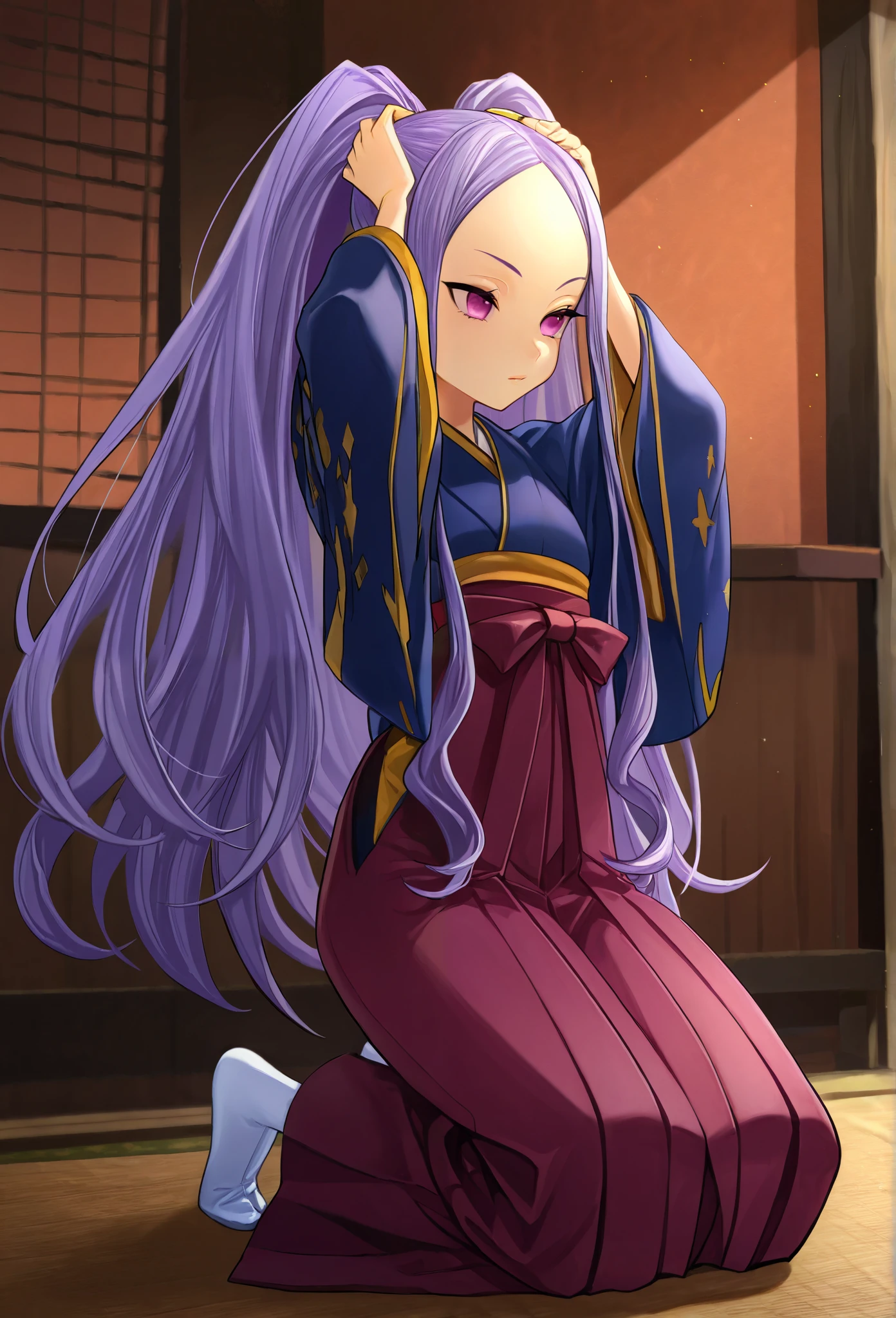 1 Girl, long hair, purple hair, purple eyes, double ponytail, Forehead, Japanese kimono, long sleeve, long hakama , tights, indoor, highest quality, is very beautiful, absurd, high resolution, latest, Waist, white split toe socks, Kneeling, kowtow, Place your hands in front of your head