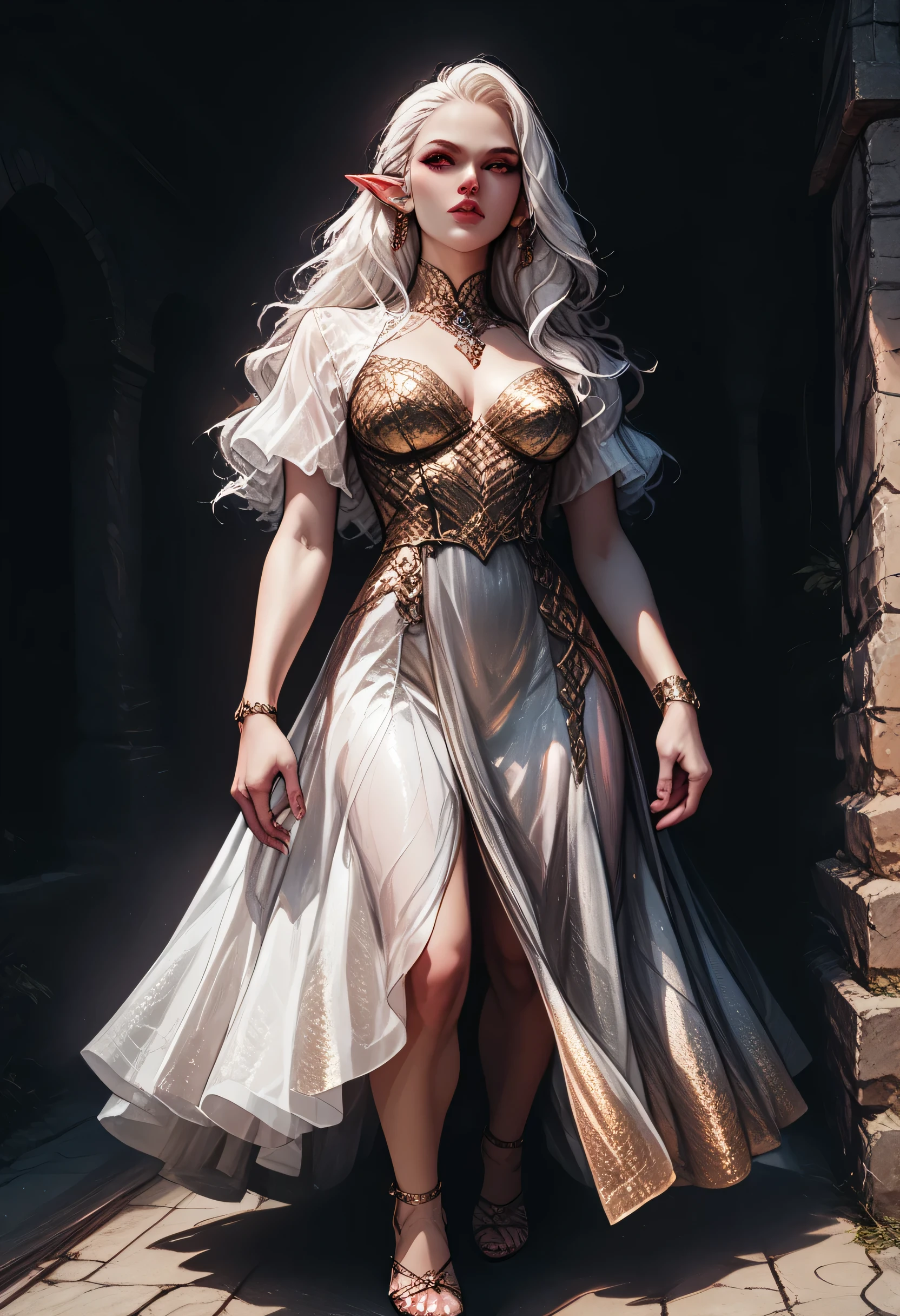 score_9, score_8_up, score_7_up, a picture of a female elf, fair skin, white hair, long hair, wavy hair, flowing hair, sparkling fiery eyes, there are jewelry in her hair. wearing silk dress, intricate dress, high heels, best quality, 16k, ultra detailed, masterpiece, best quality, (extremely detailed), dynamic angle, ultra wide shot, photorealistic, RAW, fantasy art, dnd art,fantasy art, realistic art, GlowingRunesAI_red, fantasy