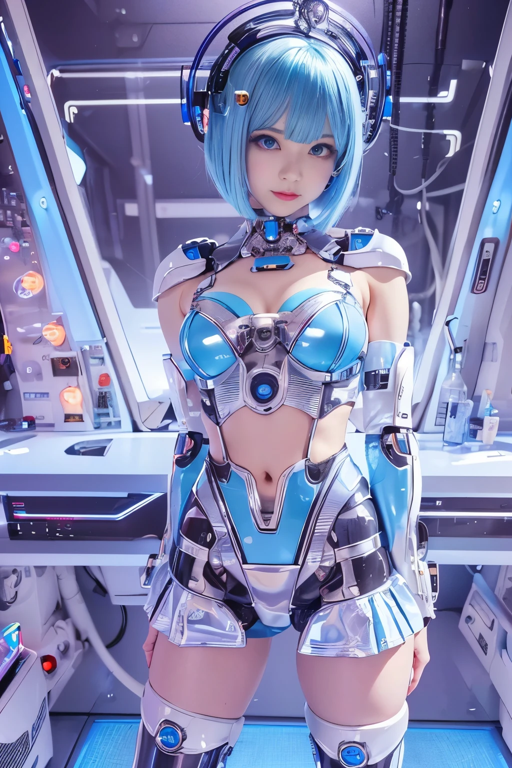 (highest quality, High resolution, masterpiece:1.2), Super detailed, realistic:1.37, (perfect anatomy),1 girl, cowboy shot, Cute and beautiful 20-year-old Japanese idol,standing posture,(Transformed into a super cyborg:1.1),(laughter:1.3),(LED Eyes:1.3),beautiful skin, detailed facial features, Complex Hair, ,(Futuristic shiny Akiba idol style transparent holographic cyborg body and mini skirt:1.1), ,(super tight fitting clothes),futuristic necklace,futuristic hair ornament, attractive idol makeup,Light blue short hair,sexy pose,Detailed connection lines, Wires and cables connecting to the head, cybernetics, cyber punk, intricate decorative details, ,The background is the interior of a cyborg operating room with numerous computers..