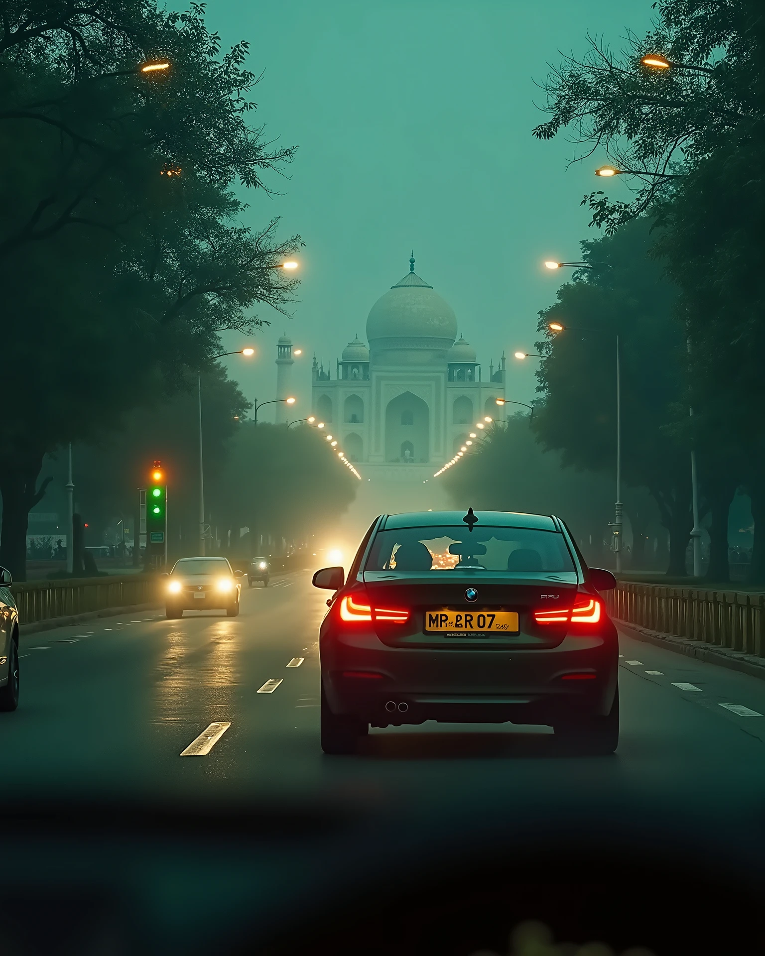 On Indian white  pole, yellow light turning big highway dark-green BMW running write 'MR 07' clearly on number plate, car inside view , horror Indian road , taj mahal in background,yellow side poles, big deep trees around the road , close to camera, leaves on Highway, leafs are flowing in air and big highway, fog lightroom effect, professional photography of seen, dark night , side of the Highway a green neon sign board write 'MINRAH.AI' clearly bold, side look, Taj Mahal in agra in background , clear taj mahal in background 