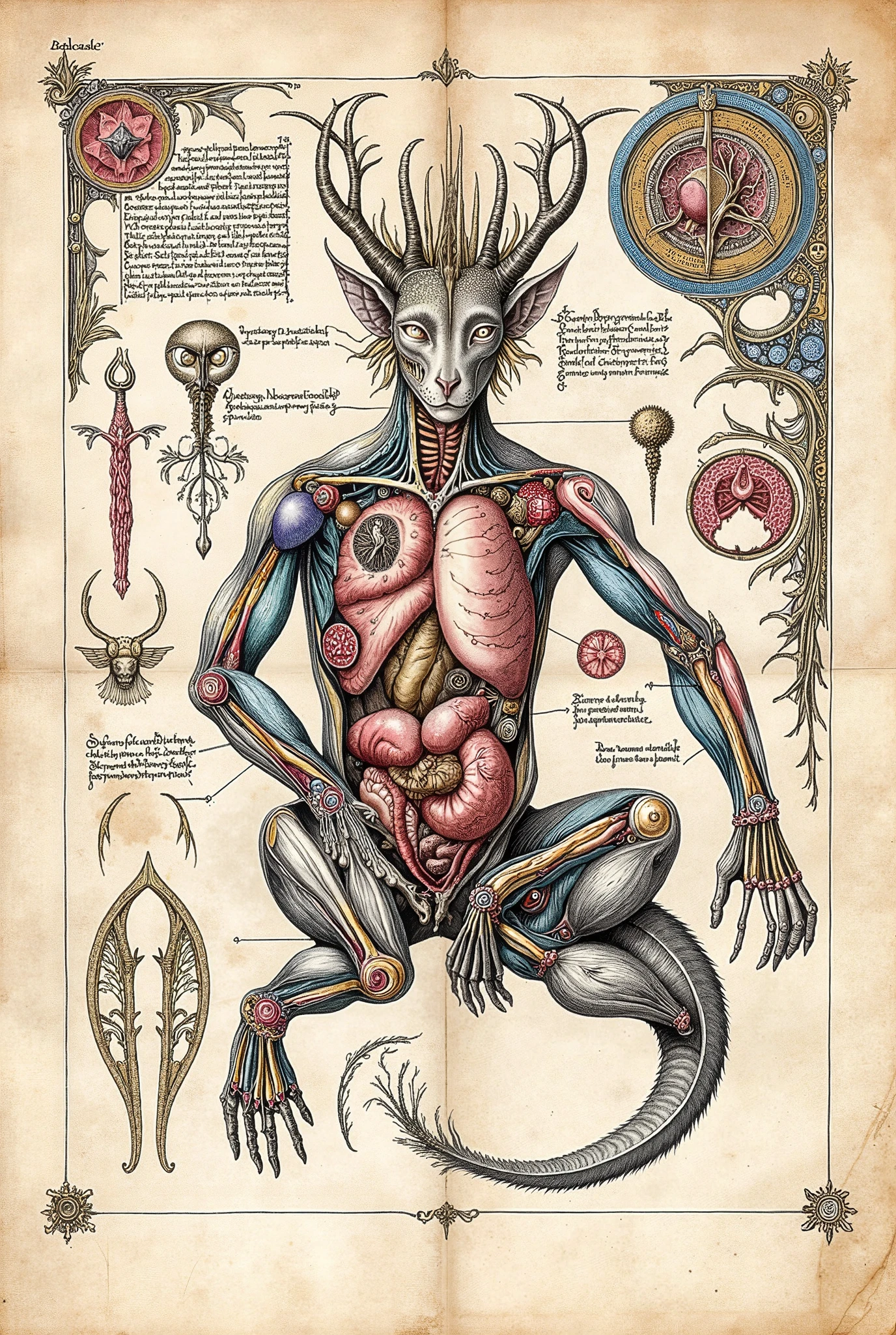 Colourful Medieval Illuminated manuscript style artwork, ((textbook manuscript page)) black ink pen linework illustration of labelled anatomical drawing of (dissected (mythical fantastical woodland dreamland ((Unseelie court)) creature)))), showing internal body structure and internal organs.