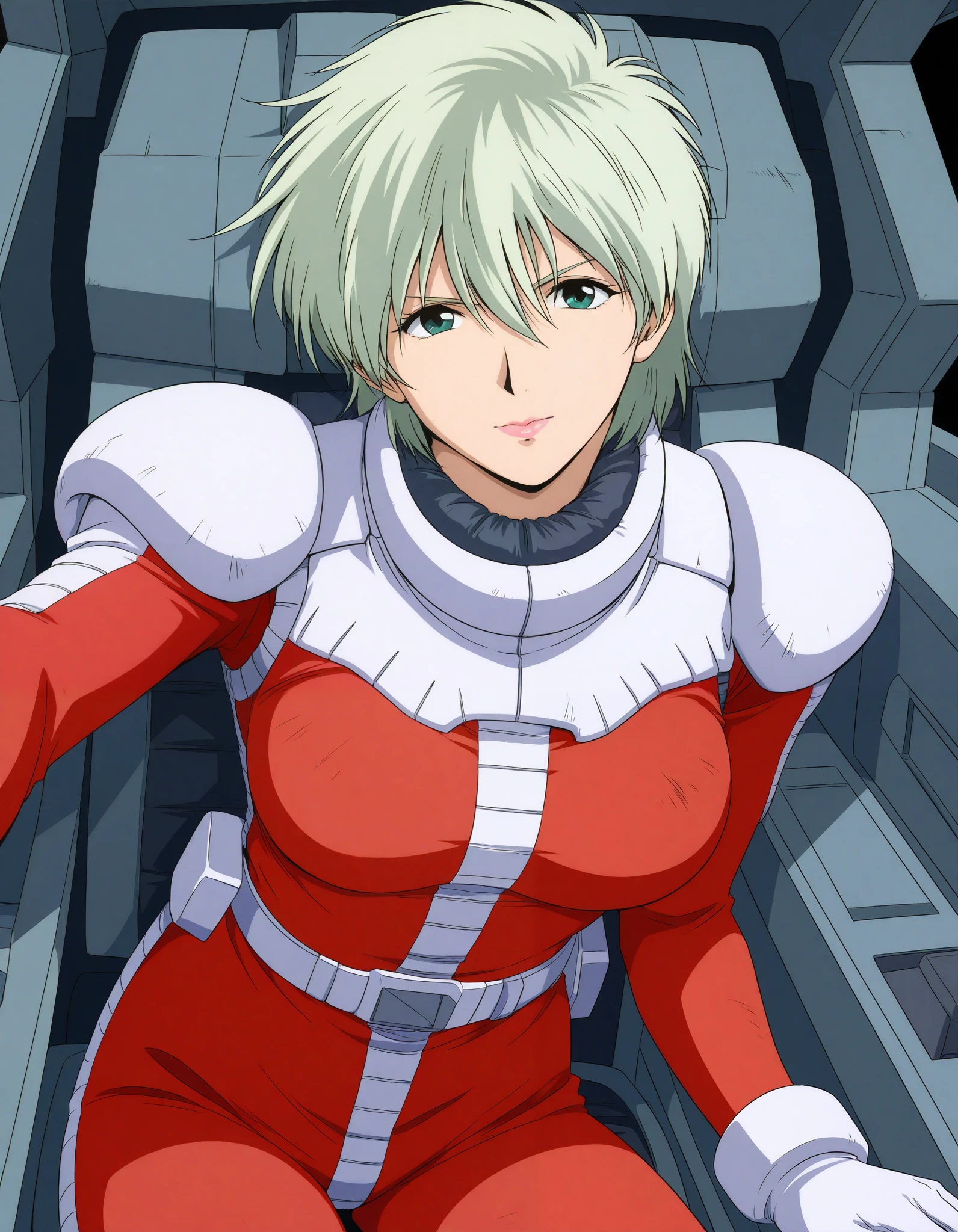 masterpiece, best quality, good quality, 1girl ,Alone,cowboy shot,standing,looking at viewer,(1990s \(style\):0.2), ainasahalim ,green hair,green eyes,short hair,lips,lipstick,large breasts,(smile:0.5),closed mouth,pilot suit, red suit、The background is cockpit 、 sitting in the cockpit