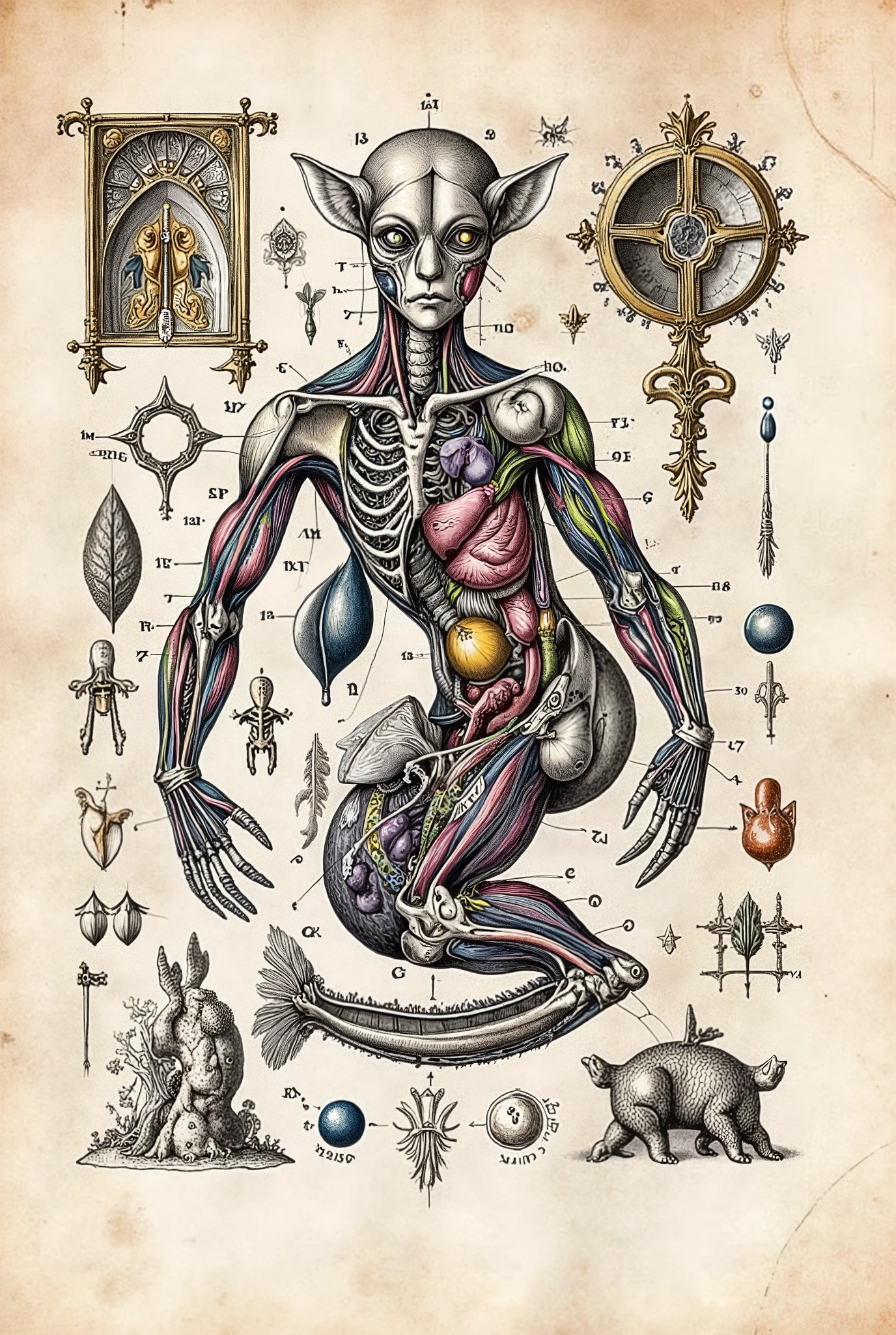 Colourful Medieval Illuminated manuscript style artwork, ((textbook manuscript page)) black ink pen linework illustration of labelled anatomical drawing of (dissected (mythical fantastical woodland dreamland ((Unseelie court)) creature)))), showing internal body structure; bones muscles and internal organs.