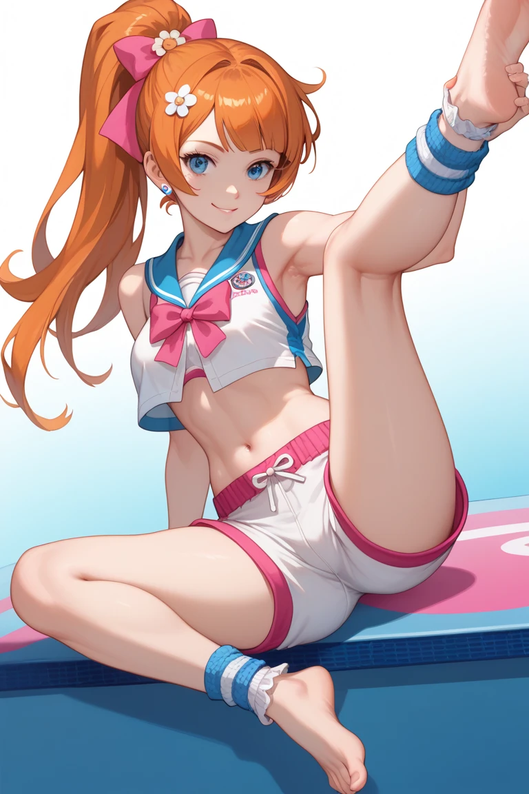 Masterpiece, sksrin, beautiful , facial details, 8k wallpaper, Rin Hoshizora Love Live, short hair, white gym bra, micro shorts , wrestling outfit,(lipstick:0.8), (face paint:1.2),Fascinated by her beauty ,wink, moist skin,thin waist ,short girl, skindentation , tongue out, open mouth , sitting on ground, open legs, yoga pose, flexible