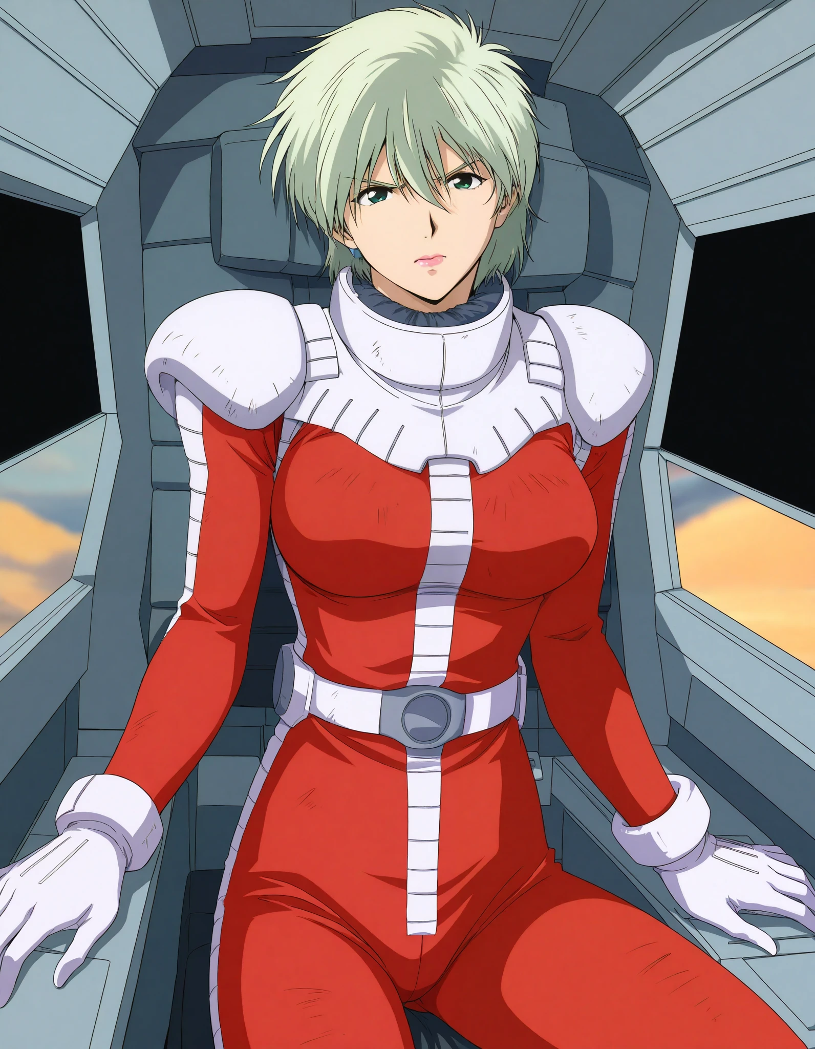 masterpiece, best quality, good quality, 1girl ,Alone,cowboy shot,standing,looking at viewer,(1990s \(style\):0.2), ainasahalim ,green hair,green eyes,short hair,lips,lipstick,large breasts,(smile:0.5),closed mouth,pilot suit, red suit、The background is cockpit 、 sitting in the cockpit、 angry face、 I'm screaming with my mouth open