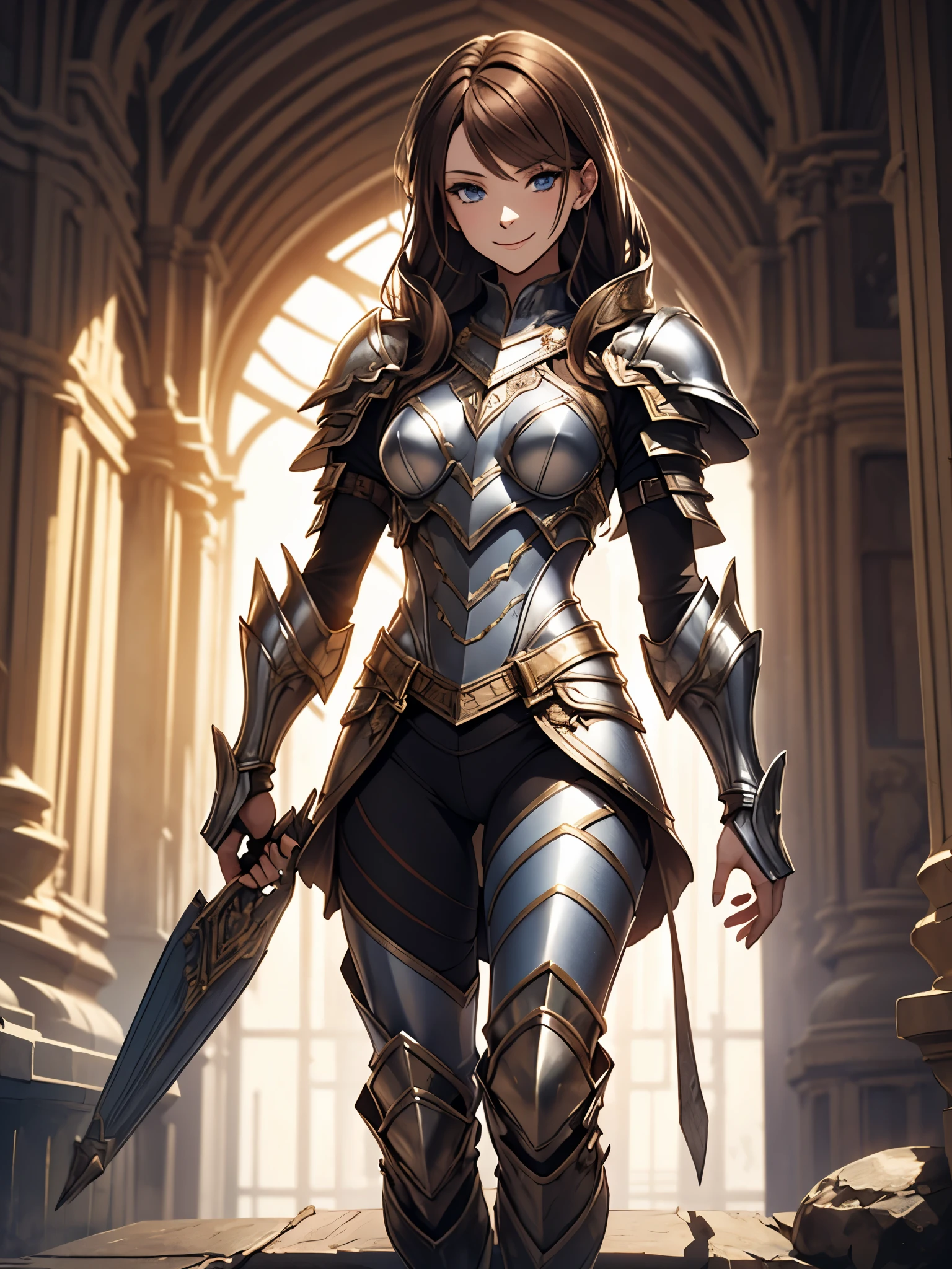 A young woman alone . height 1,75. 24 years old. full body. brown hair, short. Lightweight fighting armor in silver color, silver armor . blue eyes. detailed eyes. smiling.