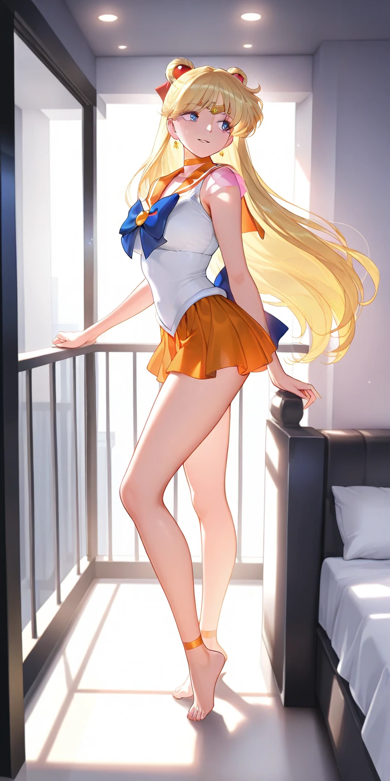 1girl, (Angle from below:1.8), ((Sitting with legs spread and showing off her panties)), (Moonlit night)、(On the roof of a building)、thighs、(shiny White skin:1.6)、blue eyes, ((Slim figure)), ( girl), (A sadistic and malicious grin), ((pantiess))、(grin), (Shiny blonde hair)、Long hair, (forehead), (feet), Blue ribbon on chest, (Big red ribbon), ((Sailor Venus))、Sailor suit、(Orange pleated mini skirt)、panties, sexy pose, (close up panties:1.4)、