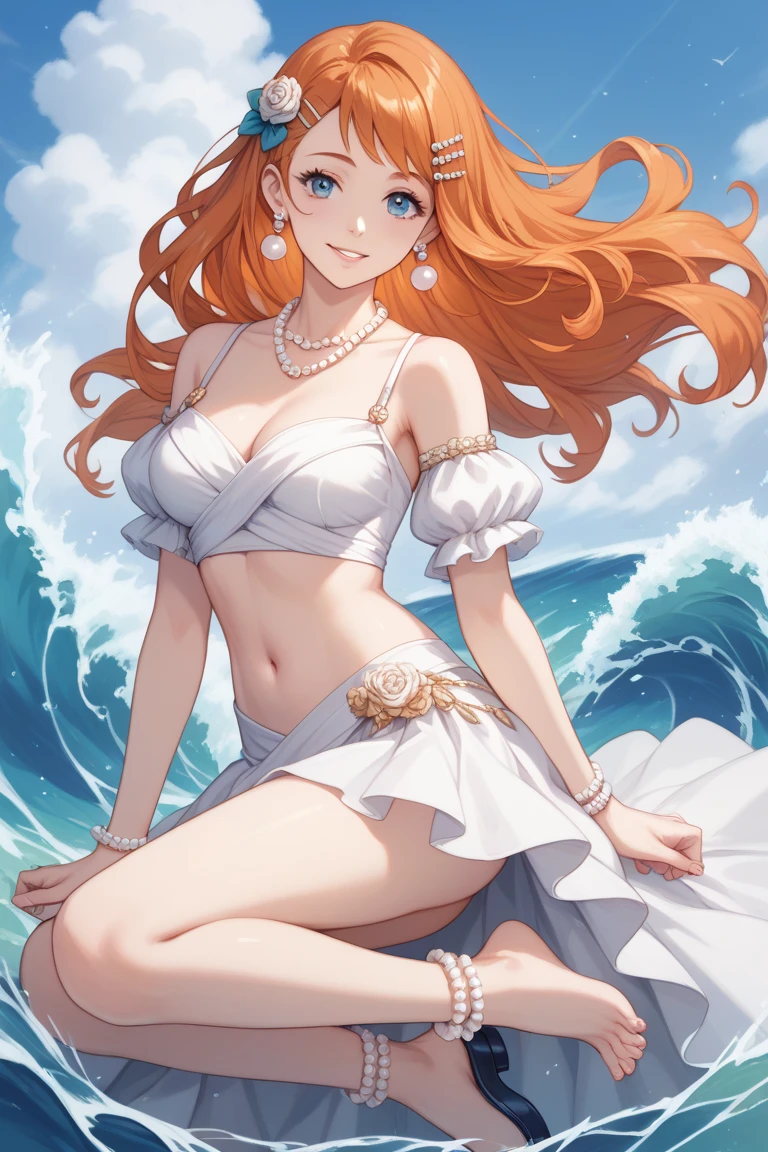 2d, masterpiece, best quality, anime, highly detailed face, highly detailed background, perfect lighting, beach, nami, one piece , 1girl, solo, one eye closed, long hair, smile, jewelry, sash, white bikini, obi, orange hair, bow, flower, flower print, earrings, looking at viewer, ahoge, ribbon, hair bow, sky, day, bracelet, sleeveless, ;\), blue bow, outdoors, big breasts, cloud, closed mouth, ponytail, blue sky, brown eyes, orange eyes, left shoulder tattoo, bare shoulders, very long hair, sidelocks, bangs, collarbone, upper body, left arm tattoo, bare arms, official alternate costume, blurry, hand gesture, alternate costume, blurry background, large breasts, eyelashes, mountain, parody, cloudy sky, sitting, shiny hair, bangle, wavy hair, open legs