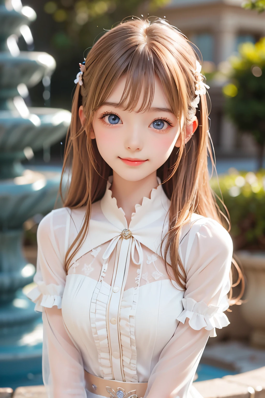  best quality, wondrous,  Very Cute and Gentle Girl , ( lori), (solo:1.2),, (detailed princess dress with lots of ruffles), Symmetrical Beautiful Gentle Eyes , (Exquisite fine face ),  beautiful long hair, (( Bright Blonde Hair )),  dull bangs, (smile), (Ruins Fountain :1.3)