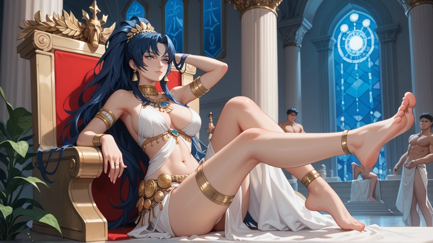Sexy leona heidern, ojos azules, Long hair, dark blue hair, wearing a very sexy white Greek outfit, Greek jewels , In the throne room of an emperor, at night, On a big throne, Greek statues on the sides, of foot, one leg up,
