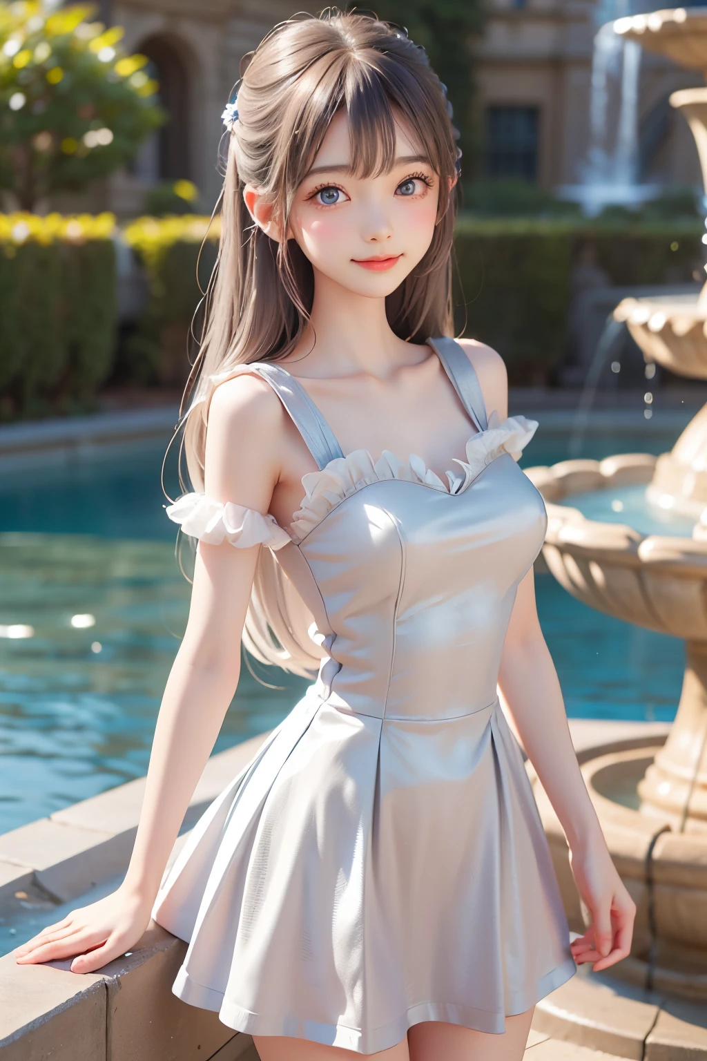 best quality, wondrous,  Very Cute and Gentle Girl , ( lori), (solo:1.2),, (detailed princess dress with lots of ruffles), Symmetrical Beautiful Gentle Eyes , (Exquisite fine face ),  beautiful long hair, ((Light silver hair)),  dull bangs, (smile), (Ruins Fountain :1.3)