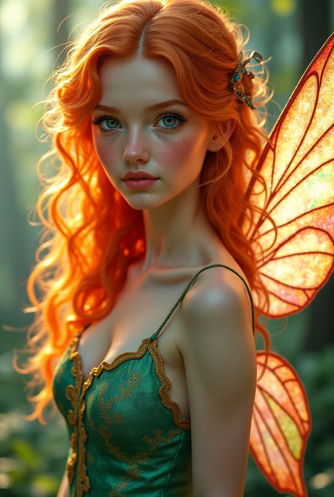 An adult fairy with long fiery orange hair with white highlights, which is about 20 years old. she has blue eyes, blue-orange shimmering wings. She has a serious expression on her face.