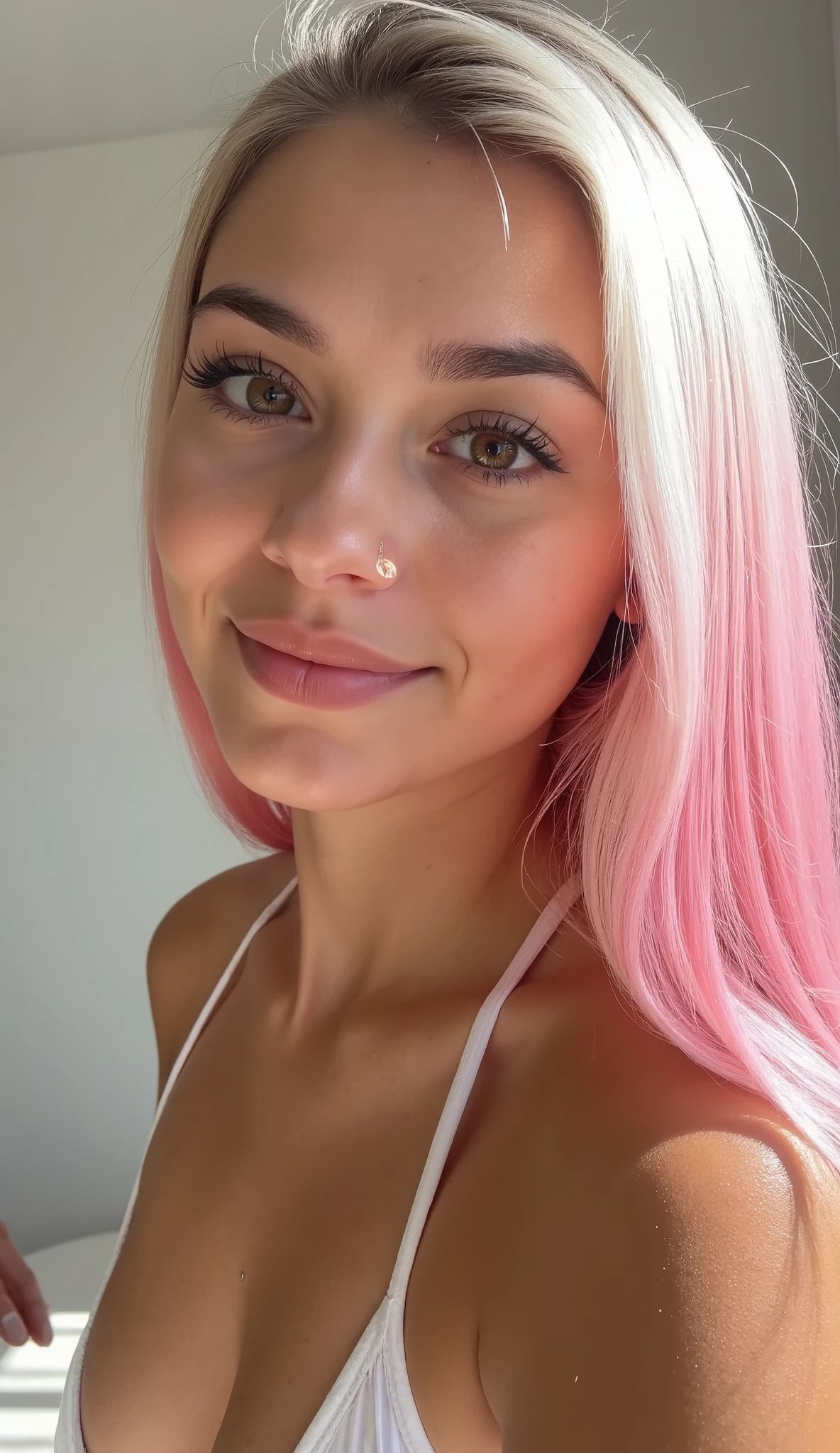 iphone photo, beautiful brazilian, ((tanned skin)), 19 years old, hot, medium breasts, (brown eyes), skin texture, curvy, visible and striking features, minimalist girl illuminated by natural light, ((long white platinum blonde hair and side parting)), (hair with pink tips), ((tanned skin)), nose piercing, masterpiece, best quality, ((close-up of the face)), highlighting her face with a striking and provocative sexy look and professional lighting.