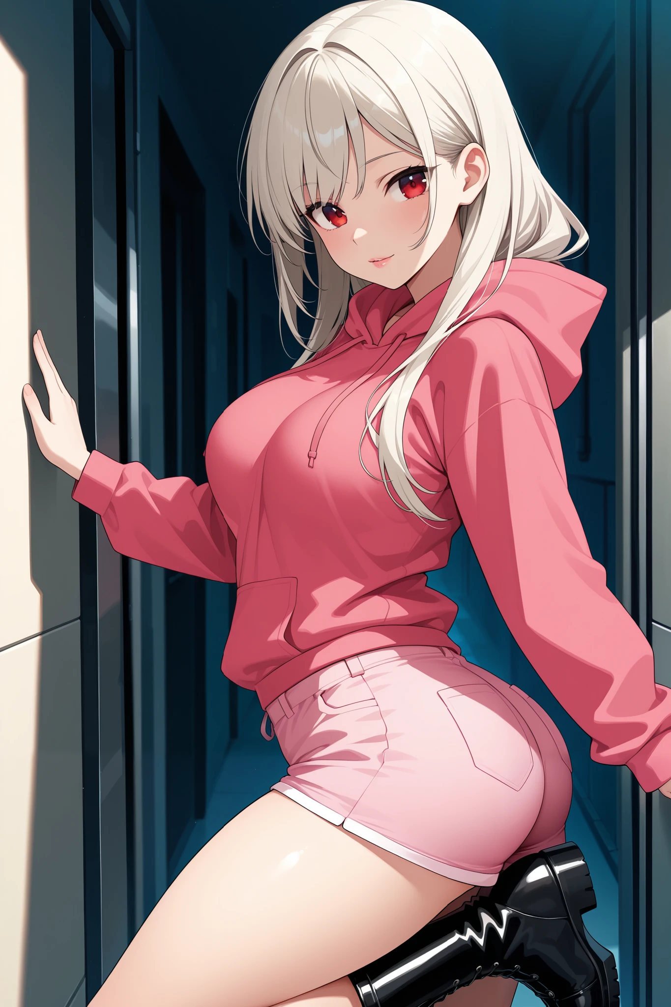 Best Quality,Unparalleled Masterpiece,Ultra-Detailed CG 4K, is a 20-year-old college student. Beautiful face, Very large soft breasts, Slender waist, Wide hips, thick/soft soft thighs, Large soft ass, Luscious lips. She has long straight platinum blonde hair and red eyes, oversized Pink hoodie, Pink shorts, Black Boots