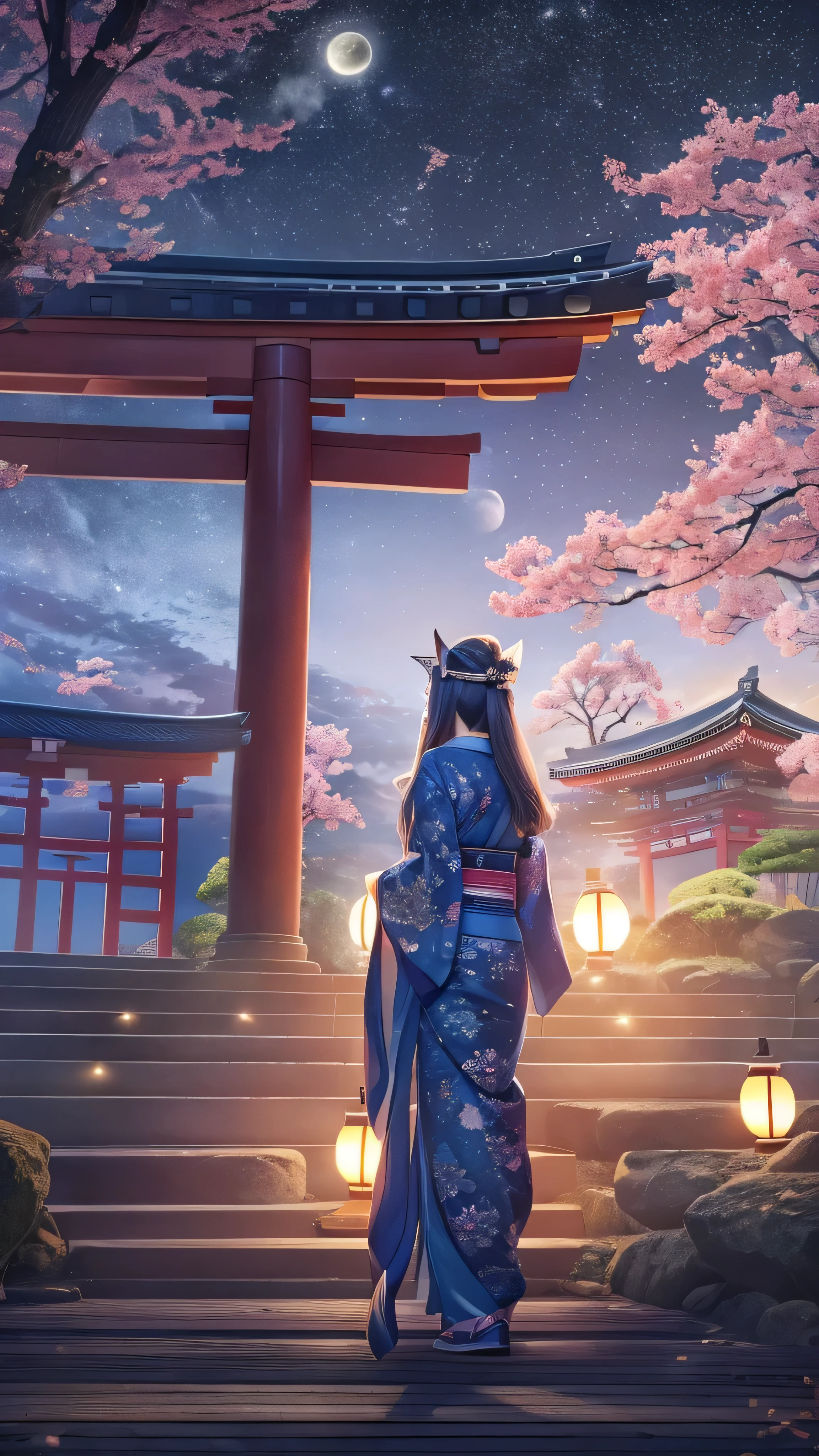 Night Sky with a View of the Milky Way Galaxy , one woman, mature woman, Old age, long straight hair, beautiful shiny hair , blue eyes, bangs, Long Sleeve, Detailed eyes and face , Eye Enhancement, Never resting , Rich lighting, High Definition Unified CG 8K Wallpaper , complicated details , portrait , stares, alone, half shot , Delicate Face , soft smile , Dynamic Pose , classical period , ( Ancient Japan theme : 1.1), Japanese Mythology, fox ears, Japanese, ruler, blue kimono Japanese , floral kimono, ancient theme , (Thriving Civilization: 1.1), Moon in the background, ( pure white : 1.1) shrine, torii gate , Japanese Scenery, Ancient city in the background , A fox mask on the head, wonderful, dreamy , Dancing Light , lantern, strict, night , Darkness, star, portrait , Cinematic lighting