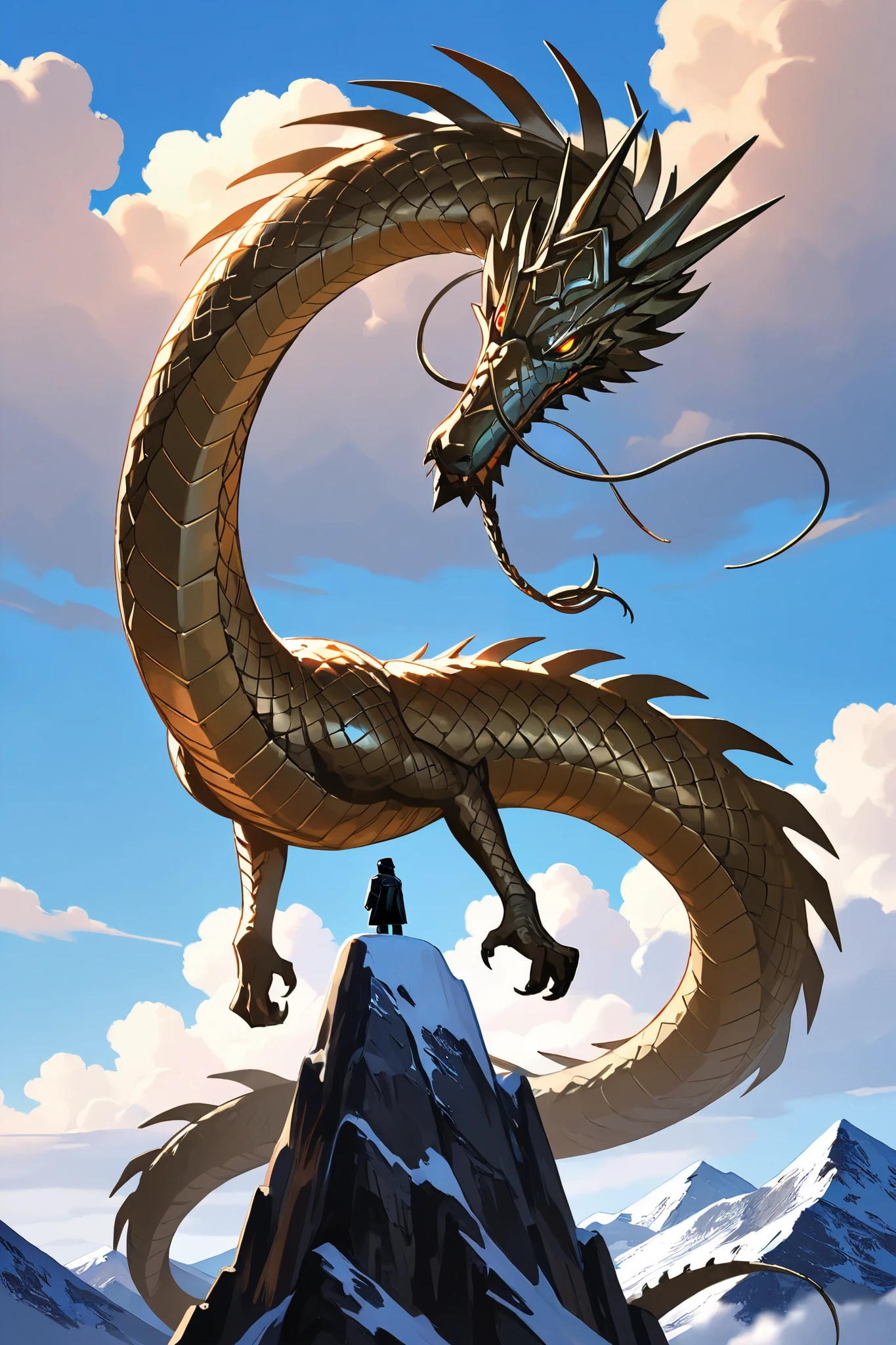 best quality, masterpiece, highest resolution, fantasy, mountain, cloud, super huge Great Eastern Serpent, [nurse, doctor]