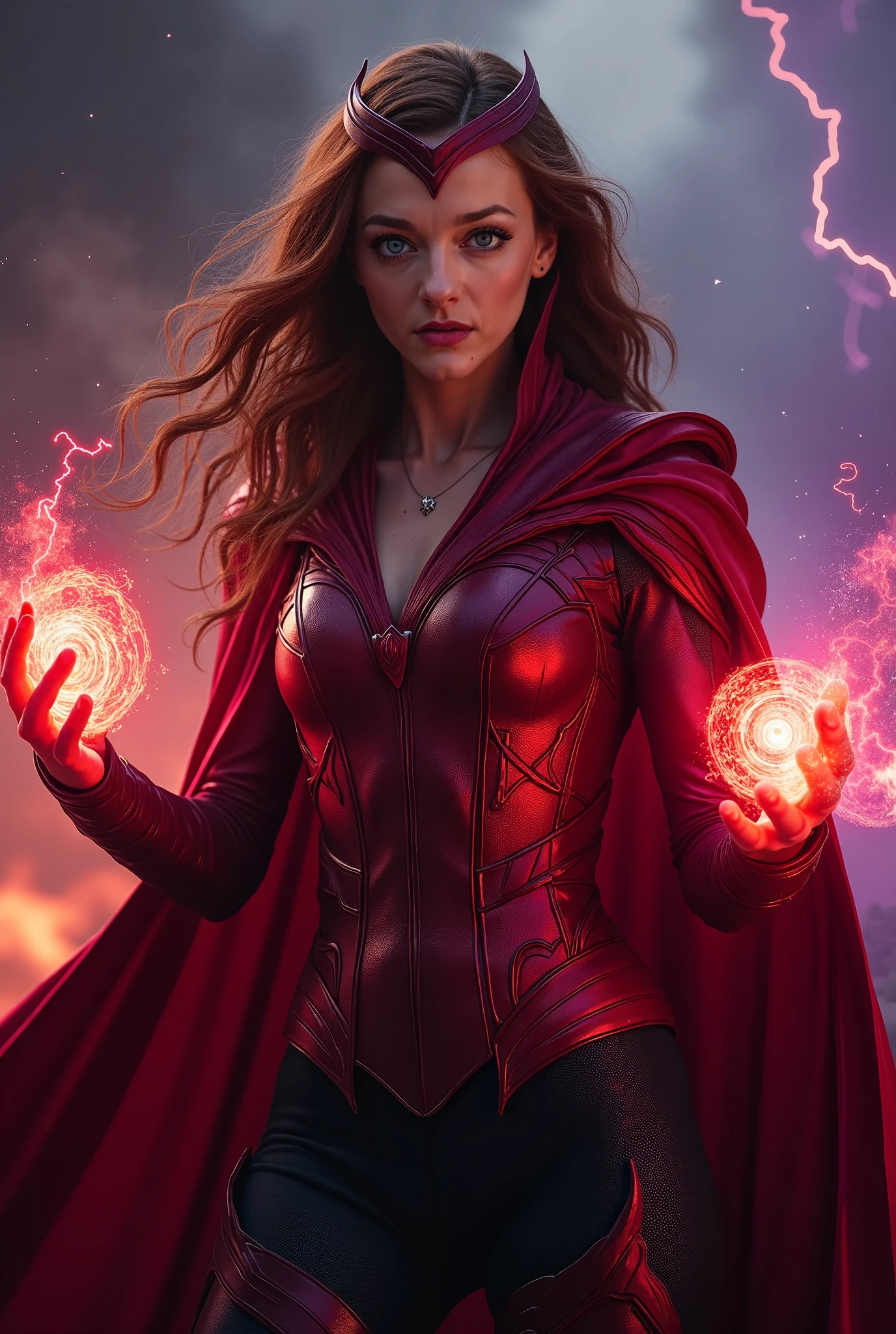 (best quality, highres, realistic:1.37), Scarlett Witch, superhero pose, intense gaze, flowing red hair, glowing red energy in hands, powerful magic, intense purple aura, vibrant costume, dynamic action, comic book style, dramatic lighting, mysterious background