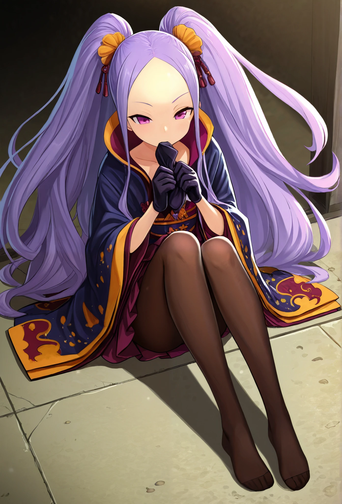 1 girl, long hair, purple hair, purple eyes , double ponytail, Forehead, Japanese costume , Separate sleeves, skirt, tights outdoor, , top quality, is very beautiful, absurd, high resolution, latest, Waist , Gloves, Wear socks, pantyhose jacket split toe socks, Legs straight, sits on the ground, multi-layer socks, Holding socks on hand