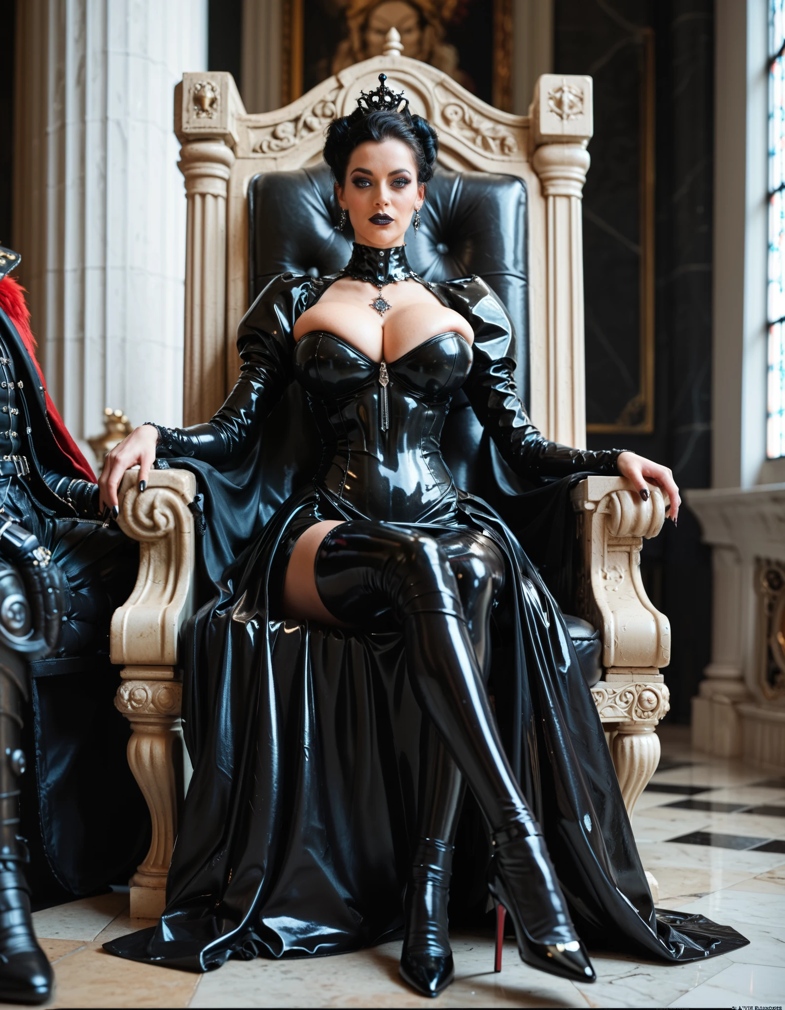 NSFW, Jayden James is a gothic queen, giger style dress, rubber dress, black armored dress, ultra erotic body, enormous saggy breast, high heels boots, sitting on a throne, giger style,
