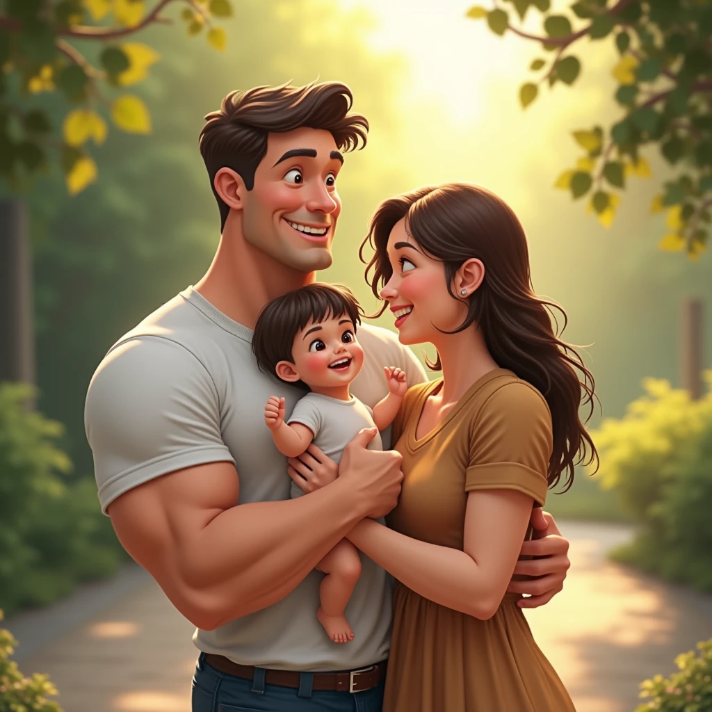 couple, of blond man, high, muscular, and young, a black-haired woman, Blue-eyed, with a smile, carrying a baby boy, and the man carrying a female baby.