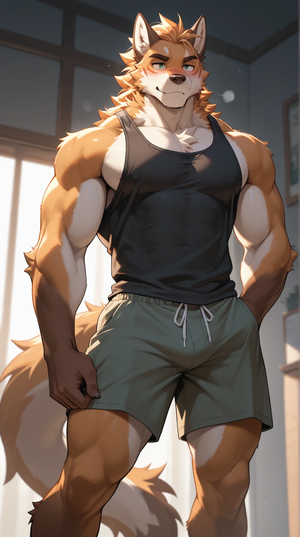 Kemono Wolf, yellow fur, blue eyes, handsome, smile muscle, cool, Black sports shorts,Not wearing a shirt, full body image