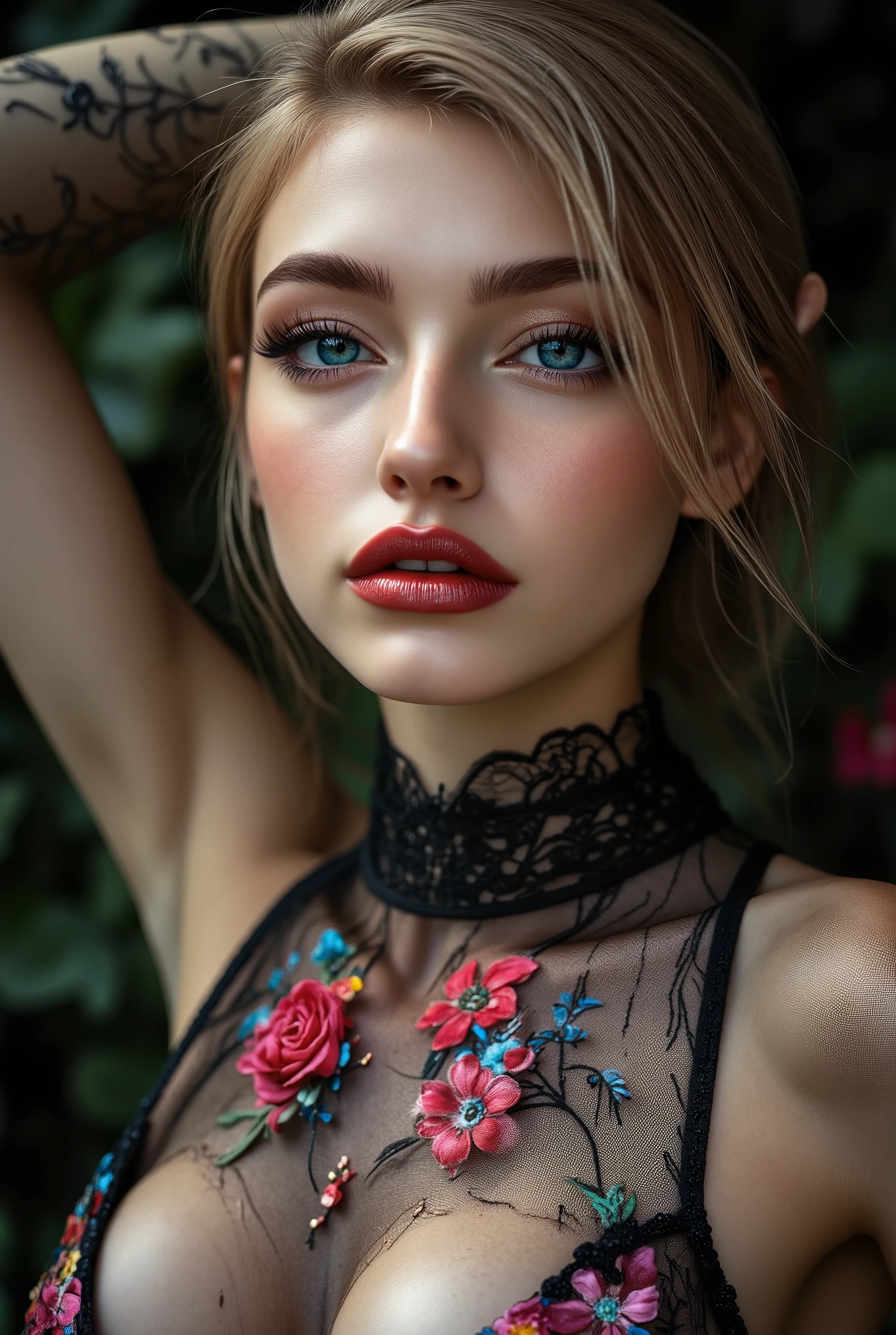 Realistic ((Photorealistic realism)), Hyper high resolution, ((Hyper insanel quality, epice masterciece, intricately detailed digital art)),((focus on extremely Realistic Proportion Body:1.3))"Portrait of {woman with blue enemies, dressed in a closed area and locked in a garden}".(ultra realistic texture details: velvety skin, hair), ((sharp focus, no blurry eyes, Hyper absurd quality, Hyper details,Hyper realistic green_eyes:1.4)),((extra narrow eyebrows)),(Carefully draw Long blue_mascara:1.33),(perfect round eyes), (finely detailed pupils, (extremely fine details pupils)), detailed lips:1.3, (apply glossy red_lipstick:1.3), (perfect proportions:1.2), (holographic little bodysuit((lace fishnets, mesh stocking:1.25, intricately detailed:1.33))), (((she is the embodiment of beauty and allure, Dressed in a breathtaking and sophisticated floral bodysuit, elegant and sophisticated fashion:1.2), floral couture, clothes made of flower:1.33)), (short blonde stylish hair, ((slicked to the side:1.3)), extreme details:1.35)), dslr, high quality split lighting, sharp focus captured by Fujifilm XT3, f 5.6,(perfect composition),((look at the viewer)), HDR, UHD, studio lighting, physically-based rendering, vivid colors,