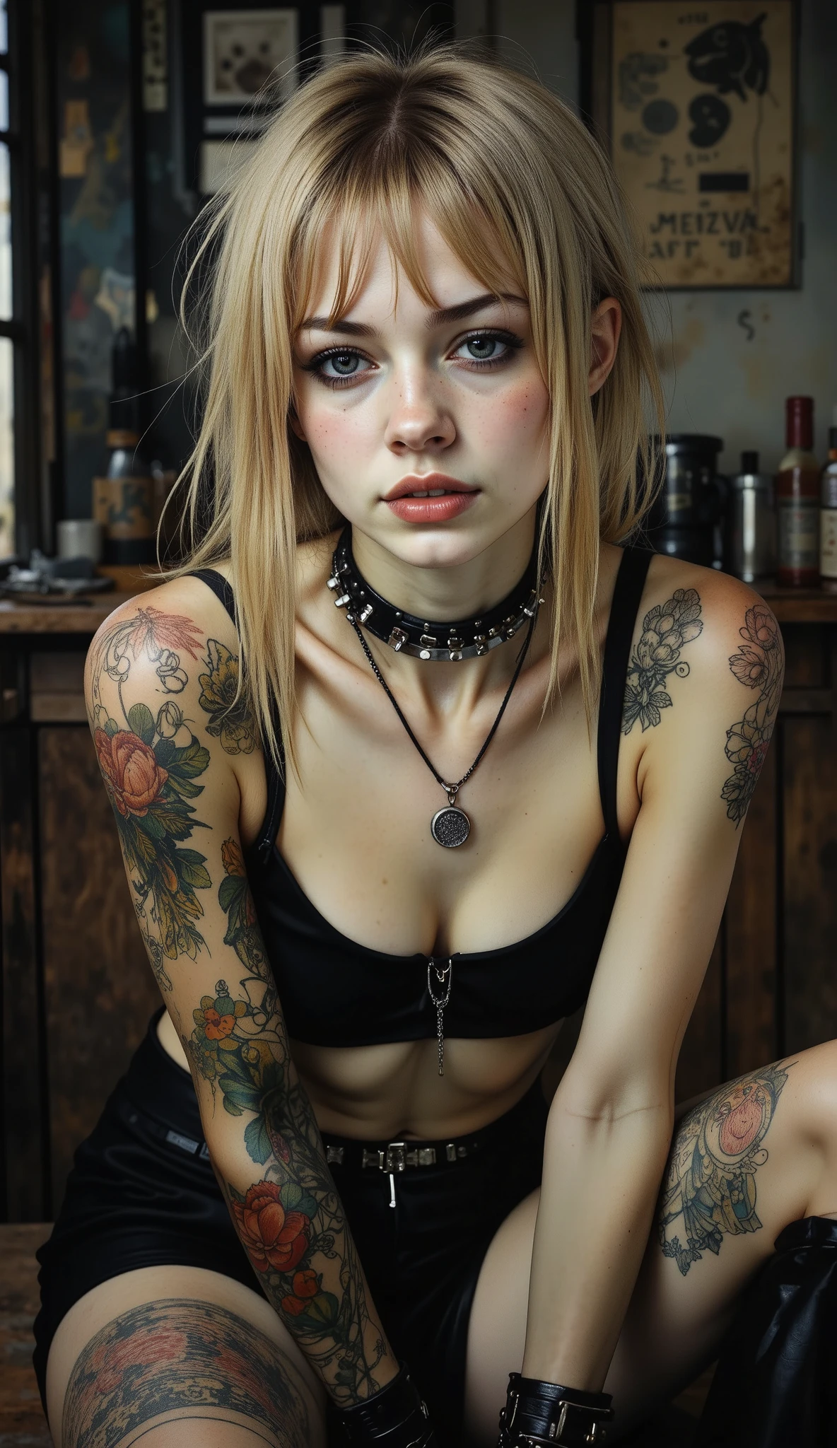 blond woman with straight hair moving in the wind , bangs up to the eyebrows:1.4, beautiful and sensual face , sensually squinting eyes half-open mouth , red in color, with tattoos on her arms and legs posing for a photo , Portrait of Kim Petras, ava max, tight and sexy black clothing :1.32, punk-style spiked dog collar on the neck , wearing barbs and piercings , modeled photograph Kerli Koiv , jersey looks like a mix of Grimes , wearing a black necklace , usando un intrincado collar negro, The answer ( Yolandi Pescador ), Photo from a promotional session , hyperrealistic style , ( black background ) Chiaroscuro, Cinematic Lighting, Fujicolor, U high definition, Retina, masterpiece, Precise, anatomically correct, Textured leather, super detail, tall details , high quality, awarded, the best quality, High resolution , 1080P, high definition, 16K