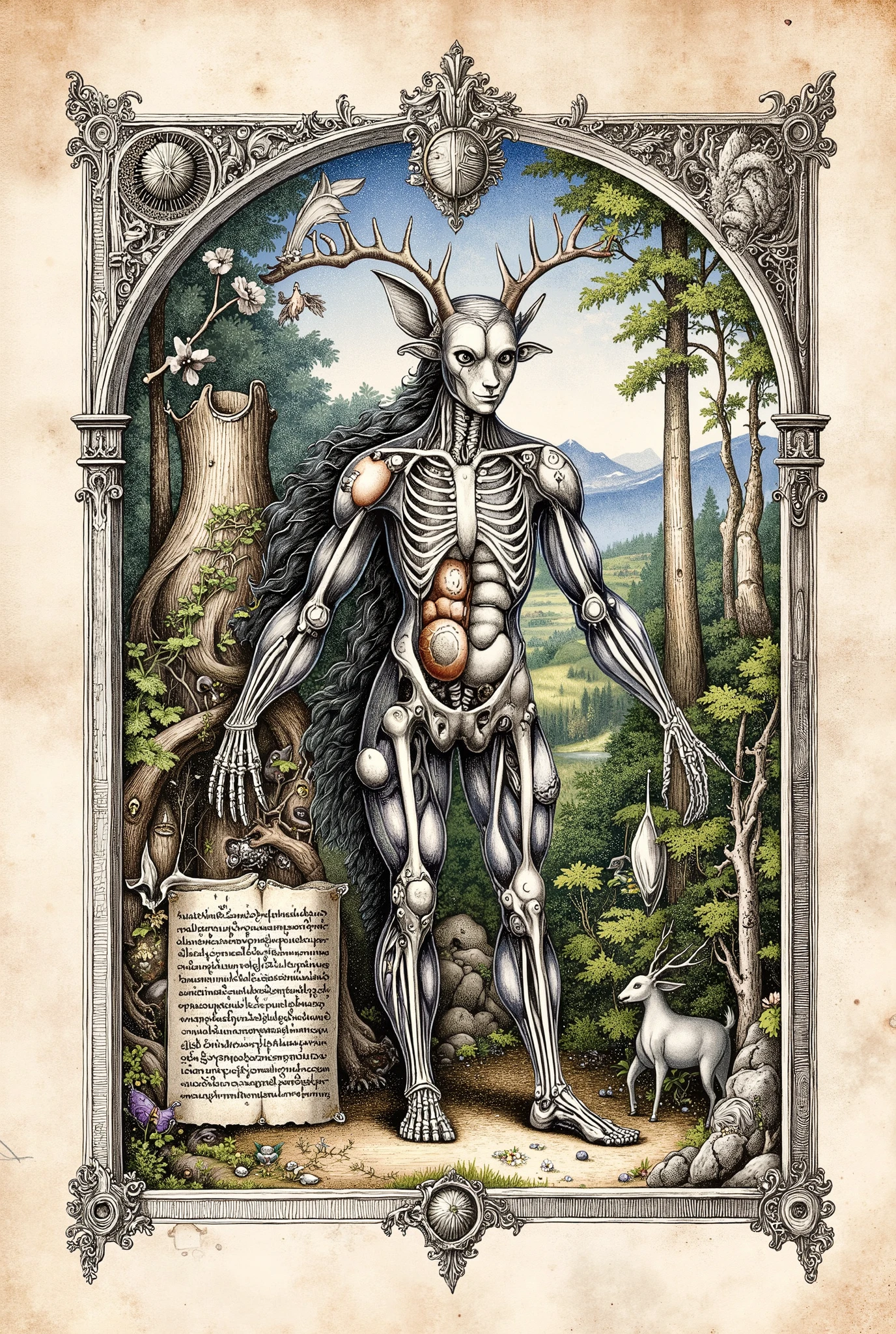 Colourful Medieval Illuminated manuscript style artwork, ((textbook manuscript page)) black ink pen linework illustration of labelled anatomical drawing of ((mythical fantastical woodland dreamland creature)), showing internal structure; bones, muscles, internal organs.