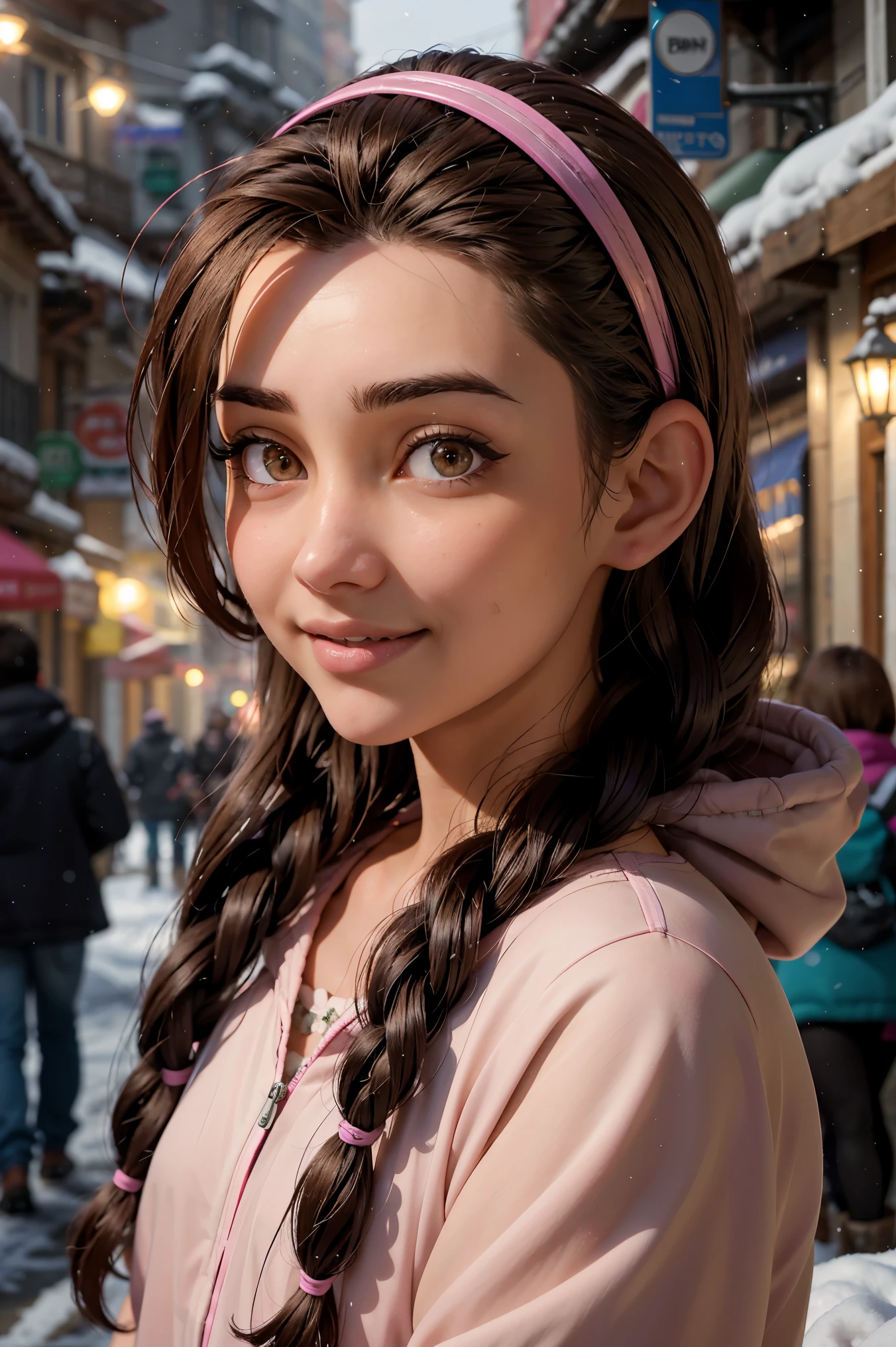 An impressive and intricate full color portrait, Ultra-HD a girl, brown hair with 2 braids, brown eyes, pink headband, detailed face, dressed in a winter jacket, no logos, epic character composition, alessio albi, nina masic, sharp focus, natural lighting, subsurface dispersion, f2, 35mm, night winter, snow, snowfall, winter gloves, smiling with teeth, happy face.