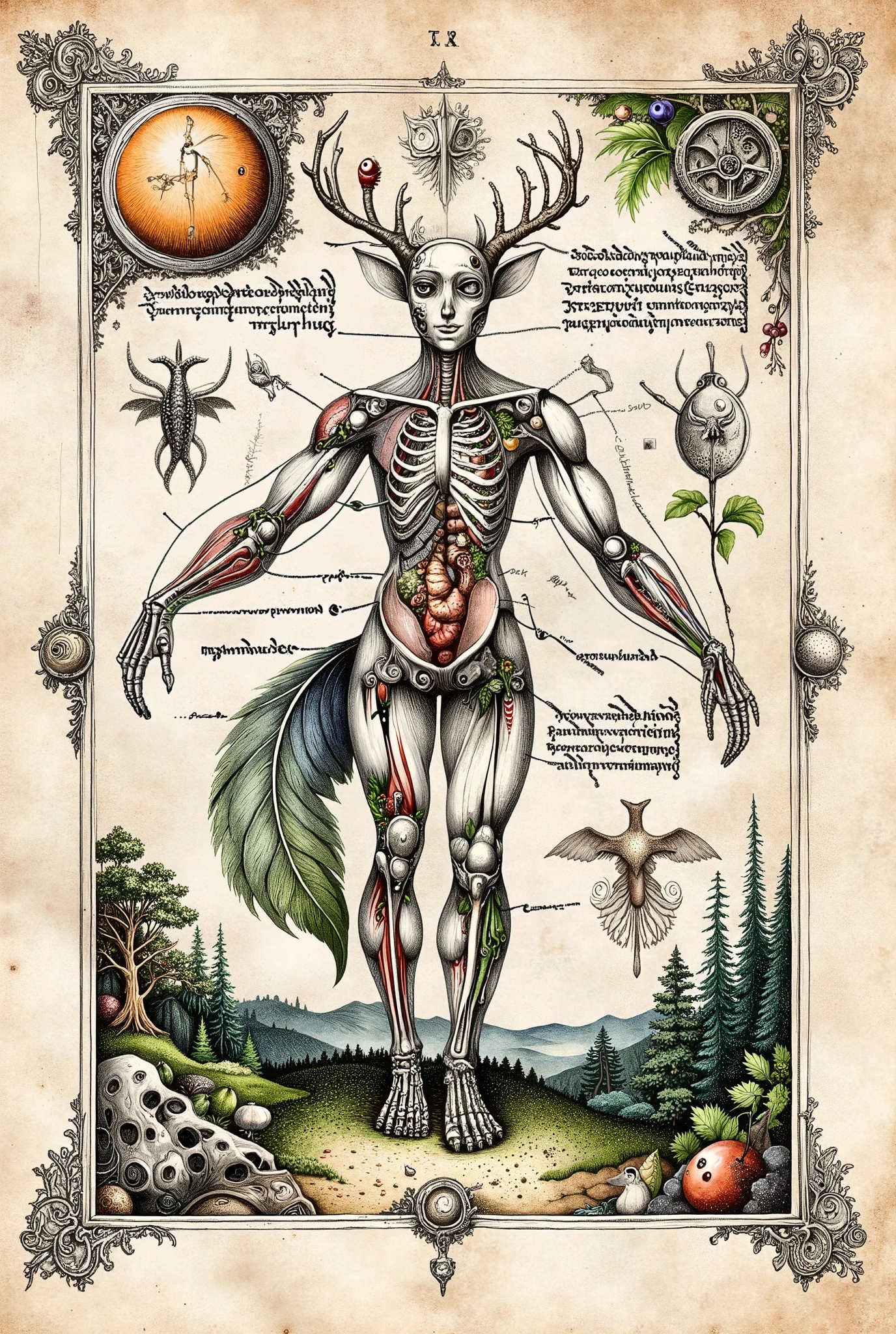 Colourful Medieval Illuminated manuscript style artwork, ((textbook manuscript page)) black ink pen linework illustration of labelled anatomical drawing of ((mythical fantastical woodland dreamland creature)), showing internal structure; bones, muscles, internal organs.
