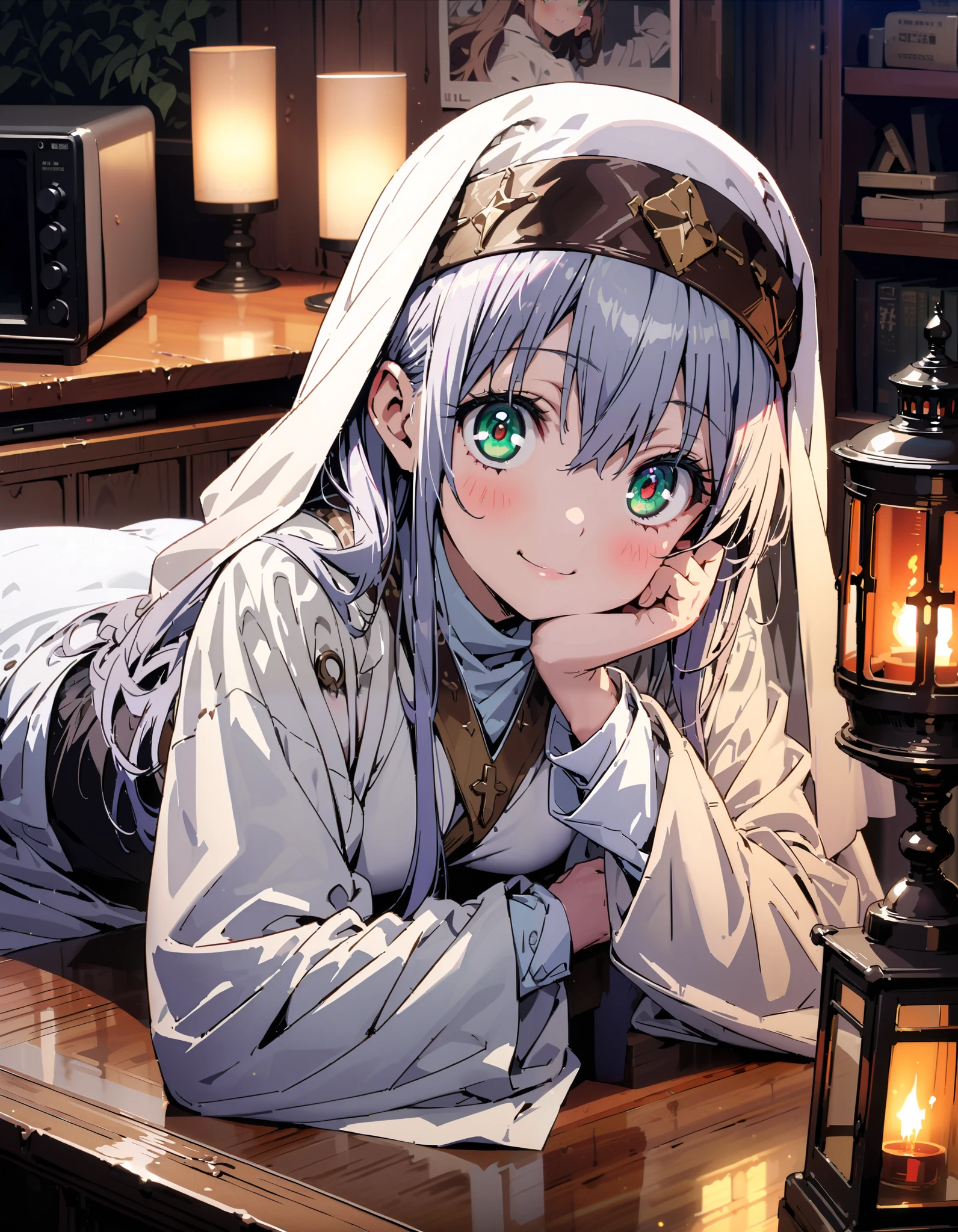  Prohibited bibliography,  green eyes,  Lantern,  long hair,break habit,  Long Sleeve,  nun, Robe, white Robe,  wide sleeve  , Long Skirt ,smile,blush, close,, I've just eaten is placed on the table, I'm grabbing a fork stuck in the chocolate cake ,Cheek resting on hand, Sitting,tv set, Interior , beautiful scenery( Tokyo ),whole bodyが illustrationsに入るように,                                                                              break indoors,room,
break looking at viewer,whole body,
break ( Masterpiece:1.2),  top quality,  Hi-Res,  Unity 8k Wallpaper, ( illustrations:0.8), ( beautiful detailed eyes:1.6),  highly detailed face,   perfect lighting , Extremely detailed CG, ( perfect hand,  perfect anatomy),