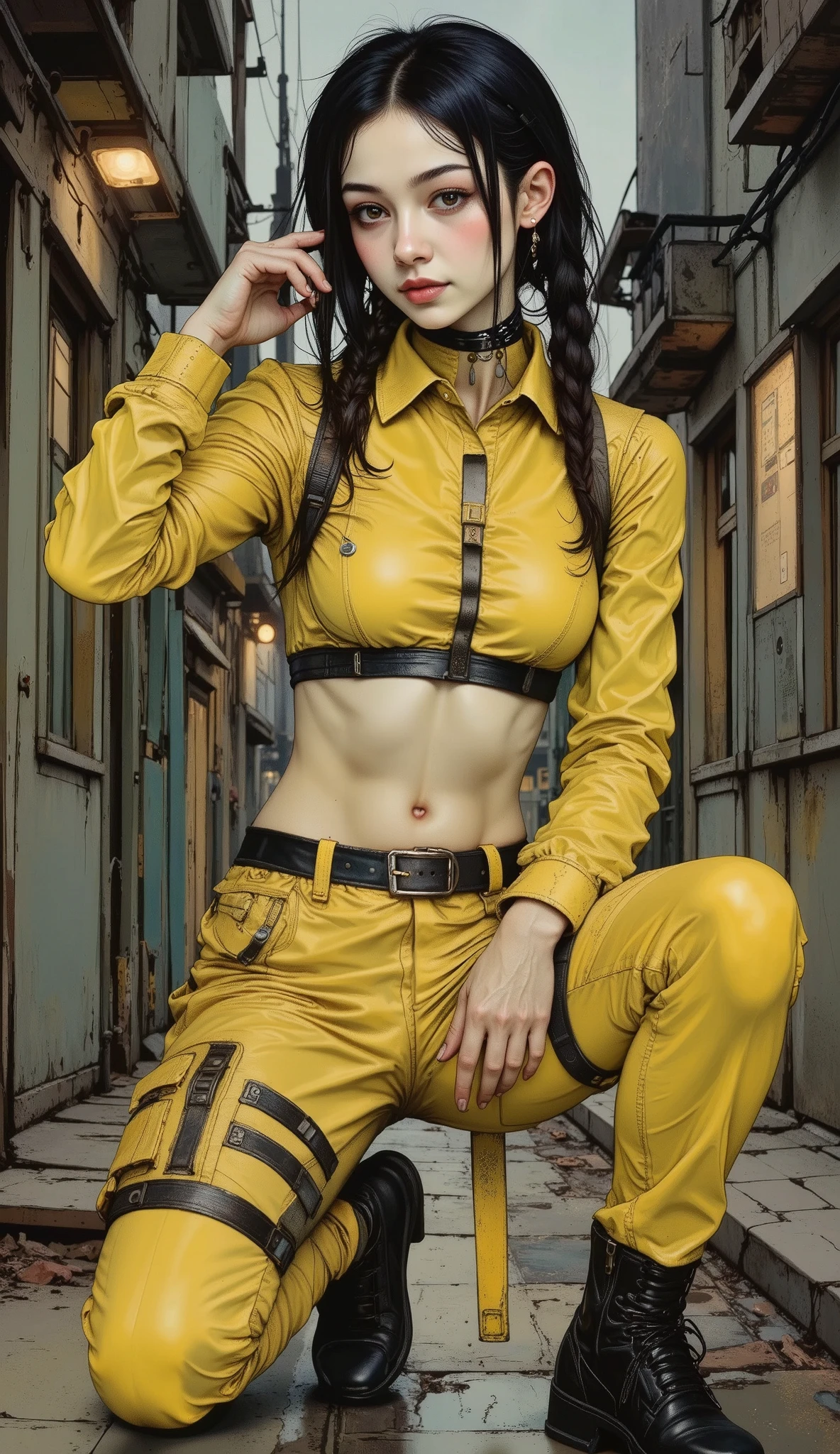   a woman dressed in a yellow suit   ,   wide pants with long black belts  ,   wears a hand to her head  ,   as if accommodating her hair  ,  She has a very long braid  ,    poses of dynamic and sensual action posing for a photo,    photograph of a woman wearing technological clothing   ,   cargo pants.  CYBERPUNK CITY, Yellow spacesuit, yellow mono, Female main character, Cyberpunk 20 years.  or girl model  ,  3D Rendering,  character art , 8K, Loba Andrade from Apex Legends, cyberpunk suit,   cyberpunk fashion illustration  ,  official  character art  ,   black background 