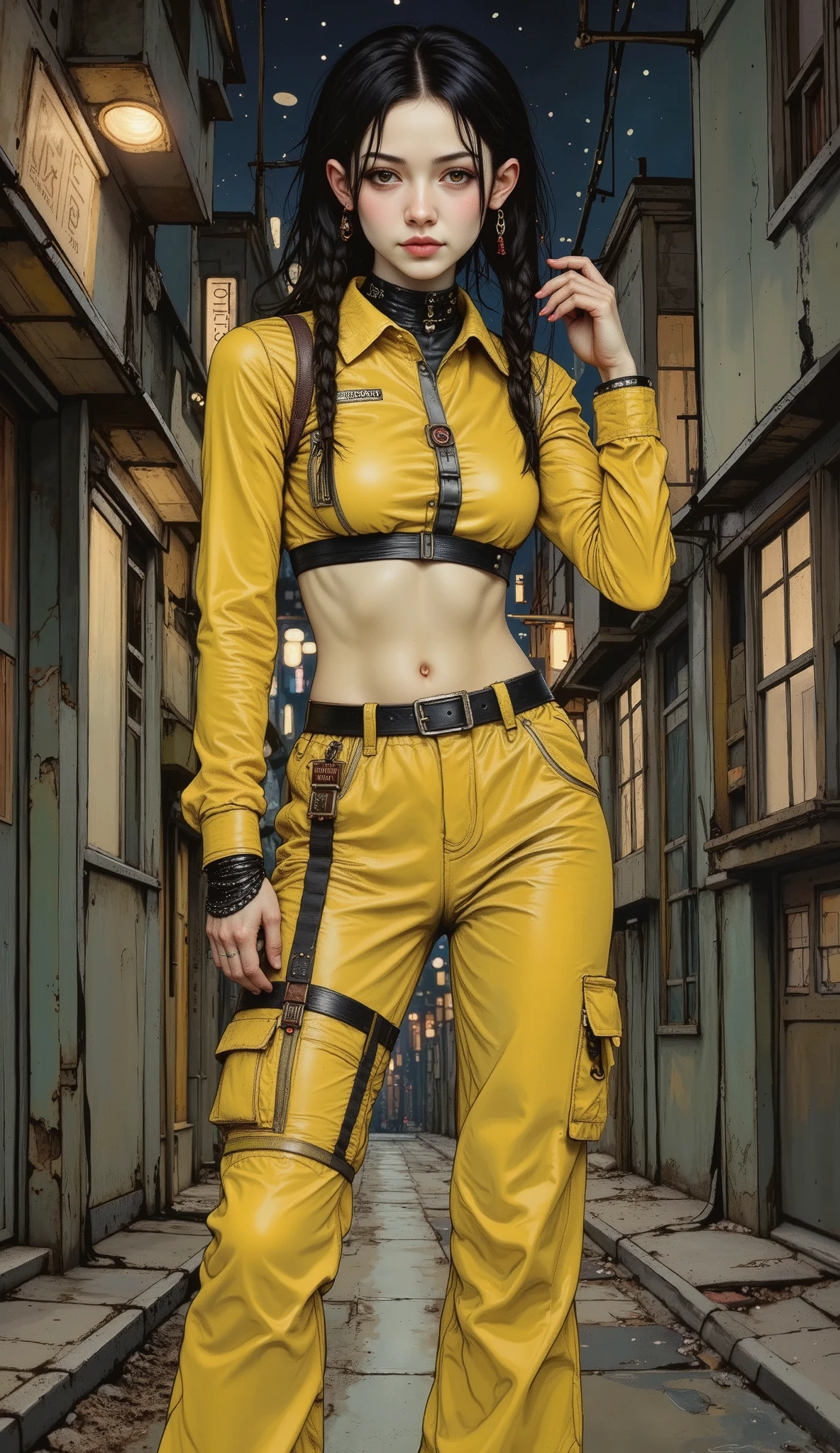   a woman dressed in a yellow suit   ,   wide pants with long black belts  ,   wears a hand to her head  ,   as if accommodating her hair  ,  She has a very long braid  ,    poses of dynamic and sensual action posing for a photo,    photograph of a woman wearing technological clothing   ,   cargo pants.  CYBERPUNK CITY, Yellow spacesuit, yellow mono, Female main character, Cyberpunk 20 years.  or girl model  ,  3D Rendering,  character art , 8K, Loba Andrade from Apex Legends, cyberpunk suit,   cyberpunk fashion illustration  ,  official  character art  ,   black background 