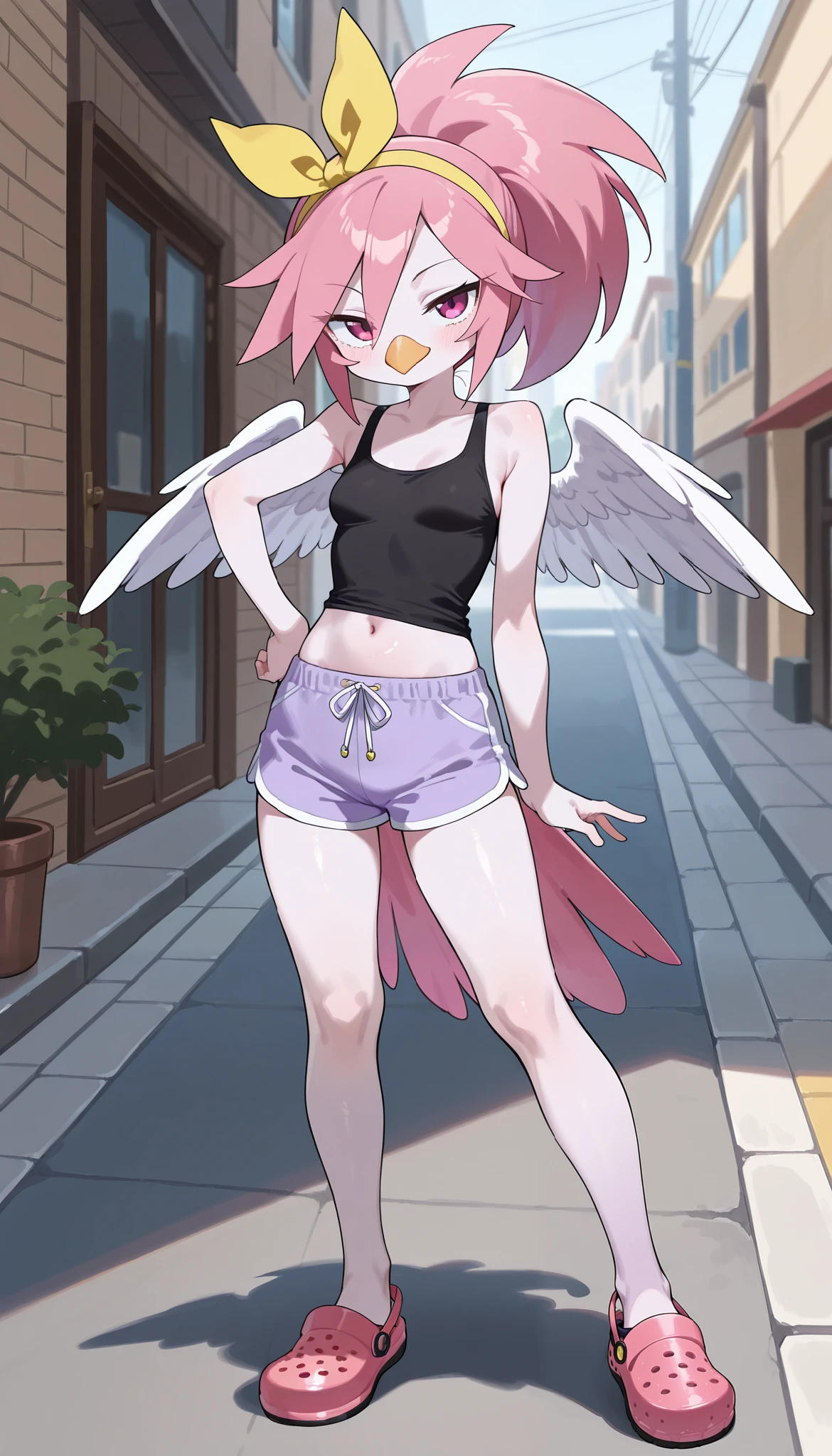 score_9, score_8_up, score_7_up, 1girl, solo, masterpiece, best quality, amazing quality, very aesthetic, absurdres, source furry, bird, magenta eyes, light purple body fur, narrowed eyes, (magenta hair, spiky bangs, long side hair, messy spiky ponytail), looking at viewer, smile, oily skin, eyeshadows, bird beak, (short body), closeup, ((yellow hairband with bow, black tank top, midriff, lilac shorts, crocs shors)), full body, small breasts, bird features, bird tail, lilac feathered wings, street on background, standing, mahō shōjo pose,