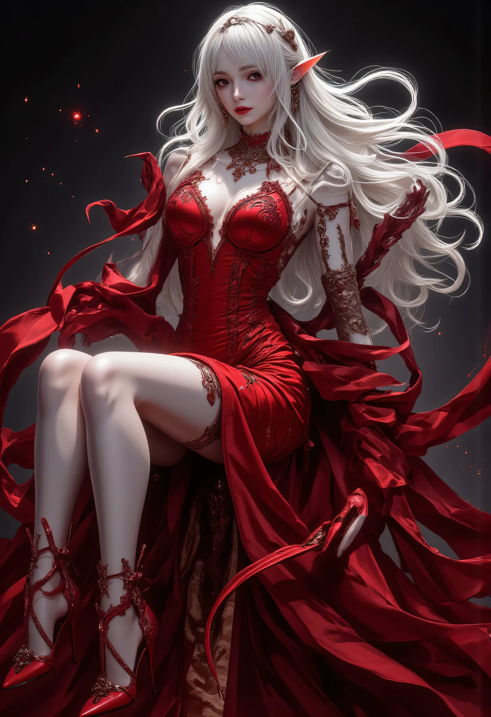 a picture of a female elf, fair skin, white hair, long hair, wavy hair, flowing hair, sparkling fiery eyes, there are jewelry in her hair. wearing red silk dress, intricate dress, high heels, best quality, 16k, ultra detailed, masterpiece, best quality, (extremely detailed), dynamic angle, ultra wide shot, photorealistic, RAW, fantasy art, dnd art,fantasy art, realistic art, aidmaDarkGothicAnime