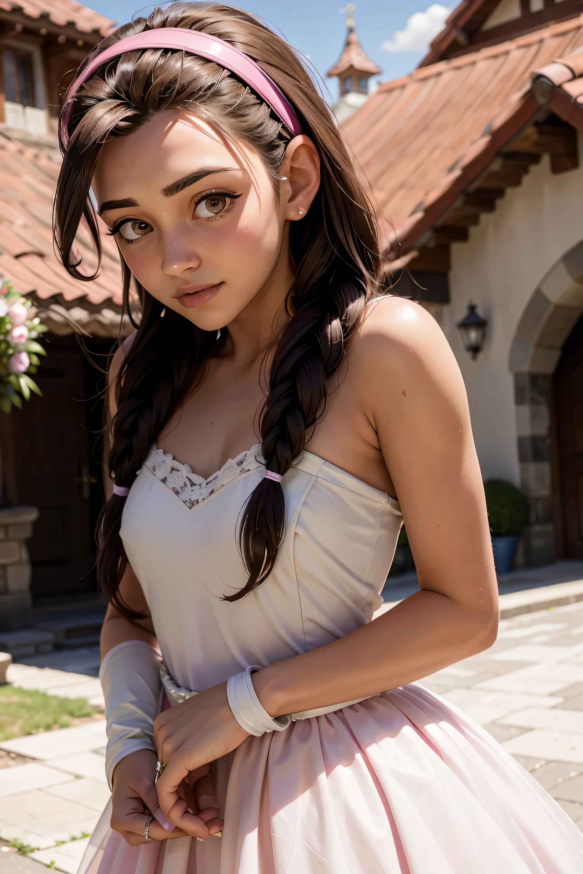 An impressive and intricate full color portrait, Ultra-HD a girl, brown hair with 2 braids, brown eyes, pink headband, detailed face, dressed in a white long wedding dress, no logos, epic character composition, alessio albi, nina masic, sharp focus, natural lighting, subsurface dispersion, f2, 35mm, gentle smile, white elbow gloves, wedding, bride, standing, church.