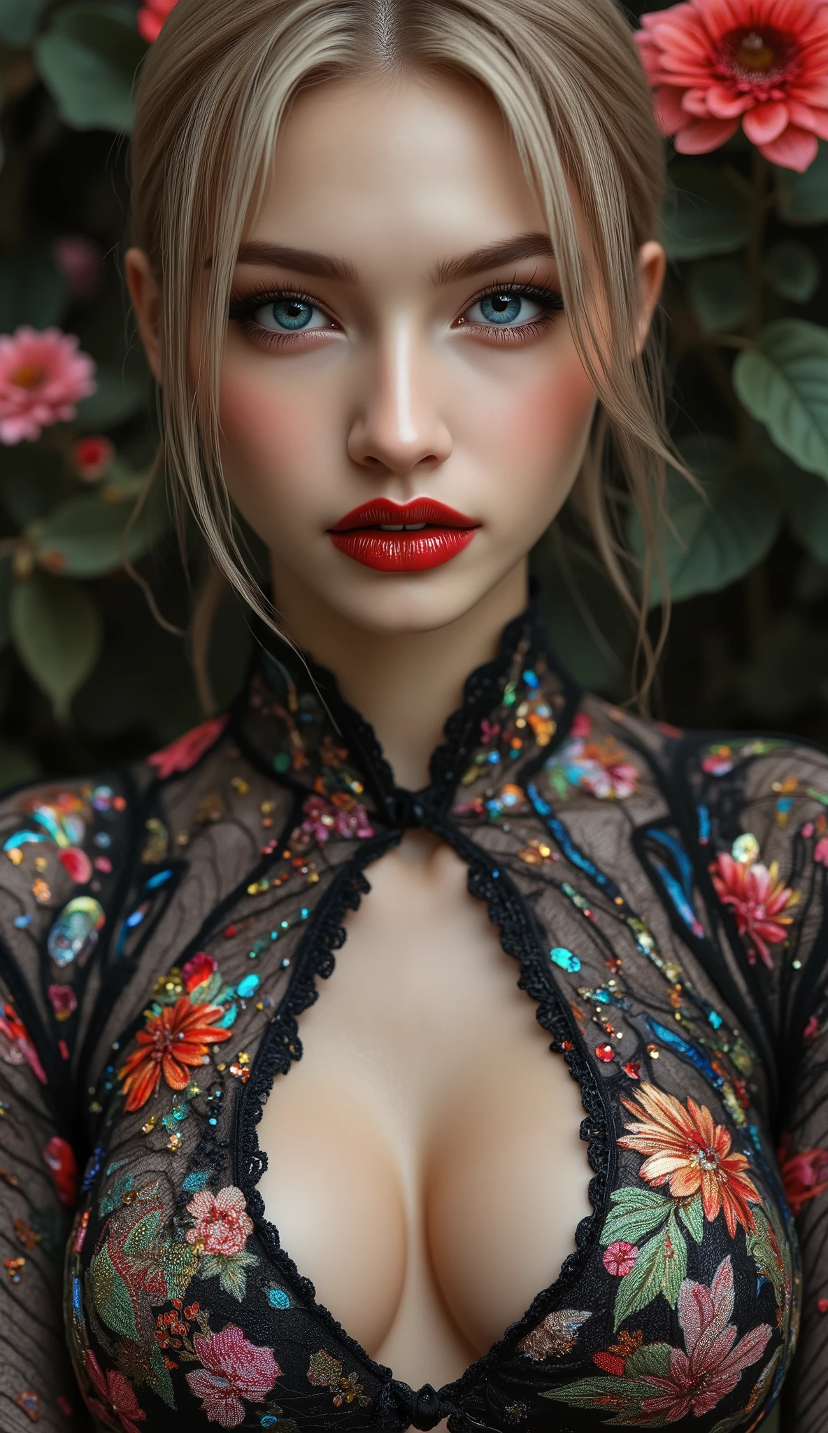 Realistic ((Photorealistic realism)), Hyper high resolution, ((Hyper insanel quality, epice masterciece, intricately detailed digital art)),((focus on extremely Realistic Proportion Body:1.3))"Portrait of {woman with blue enemies, dressed in a closed area and locked in a garden}".(ultra realistic texture details: velvety skin, hair), ((sharp focus, no blurry eyes, Hyper absurd quality, Hyper details,Hyper realistic eyes:1.4)),((extra narrow eyebrows)),(Carefully draw Long blue_mascara:1.33),(perfect round eyes), (finely detailed pupils, (extremely fine details pupils)), detailed lips:1.3, (apply glossy red_lipstick:1.3), (perfect proportions:1.2), (holographic little bodysuit((lace fishnets, mesh stocking:1.25, intricately detailed:1.33))), (((she is the embodiment of beauty and allure, Dressed in a breathtaking and sophisticated floral bodysuit, elegant and sophisticated fashion:1.2), floral couture, clothes made of flower:1.33)), (short blonde stylish hair, ((slicked to the side:1.3)), extreme details:1.35)), dslr, high quality split lighting, sharp focus captured by Fujifilm XT3, f 5.6,(perfect composition),((look at the viewer)), HDR, UHD, studio lighting, physically-based rendering, vivid colors,