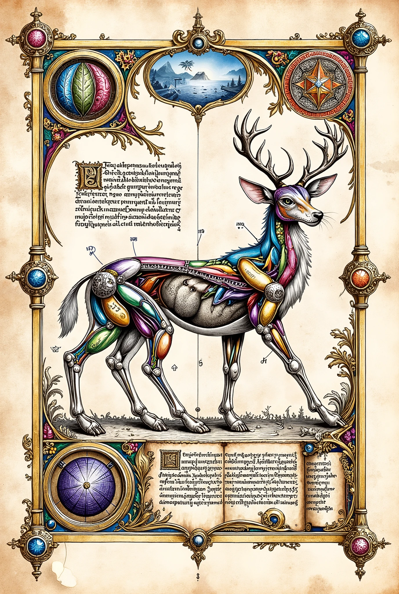 Medieval Illuminated manuscript style artwork, colorful ink pen linework, ((textbook manuscript page)) of labelled anatomical drawing of ((mythical fantastical woodland creature))