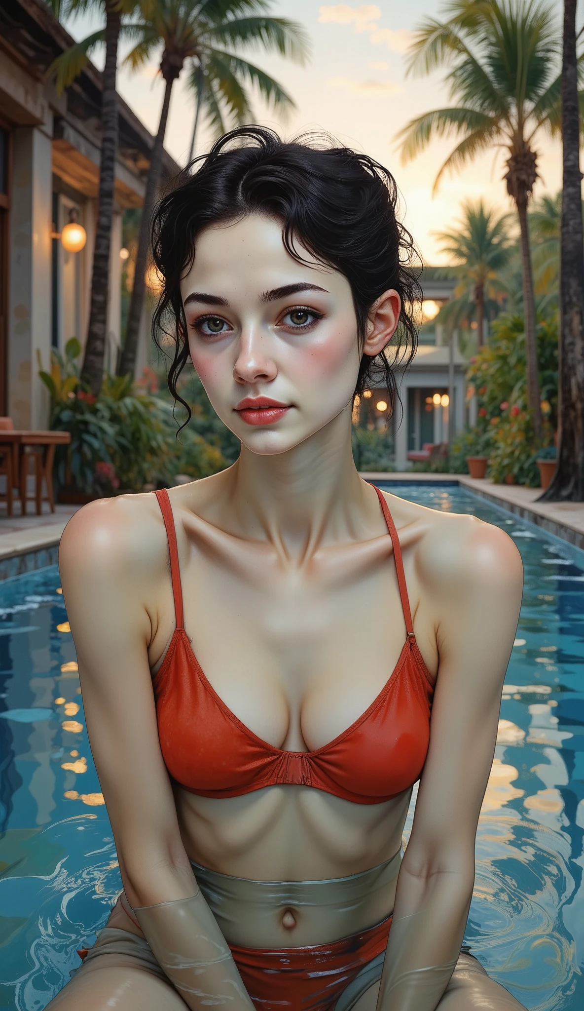 a beautiful woman in a red bikini floating in the pool, the image is taken from above aerial shot , The woman is seen floating in the water , it's dusk , in the foreground of the pool and water , the sunlight reflecting off the water , lush tropical plants , palm trees in the background, ( the best quality, has, masterpiece: 1.2), ultra detailed, ( Realistic, photo Realistic: 1.37), HDR-10, Studio lighting , vibrant colors, dramatic lighting , sereno, soothing, photo Realistic, ( the best quality photo,4k,8K, has, masterpiece:1.2), ultra detailed, sharp focus,( Realistic,photo Realistic,photo- Realistic:1.37), very detailed face, extremely detailed facial features ,hyper Realistic skin texture, extremely fine details , intricate details, detailed eyes , Detailed nose , detailed lips , Detailed facial expressions ,Intricate facial anatomy, intense lighting, dramatic lighting , changing lighting, Cinematic Lighting , chiaroscuro lighting , dramatic shadows ,dramatic moments, vivid colors ,intense colors,Deep contrast, profundidad de campo cinematográfica , cinematographic composition , angular movie camera