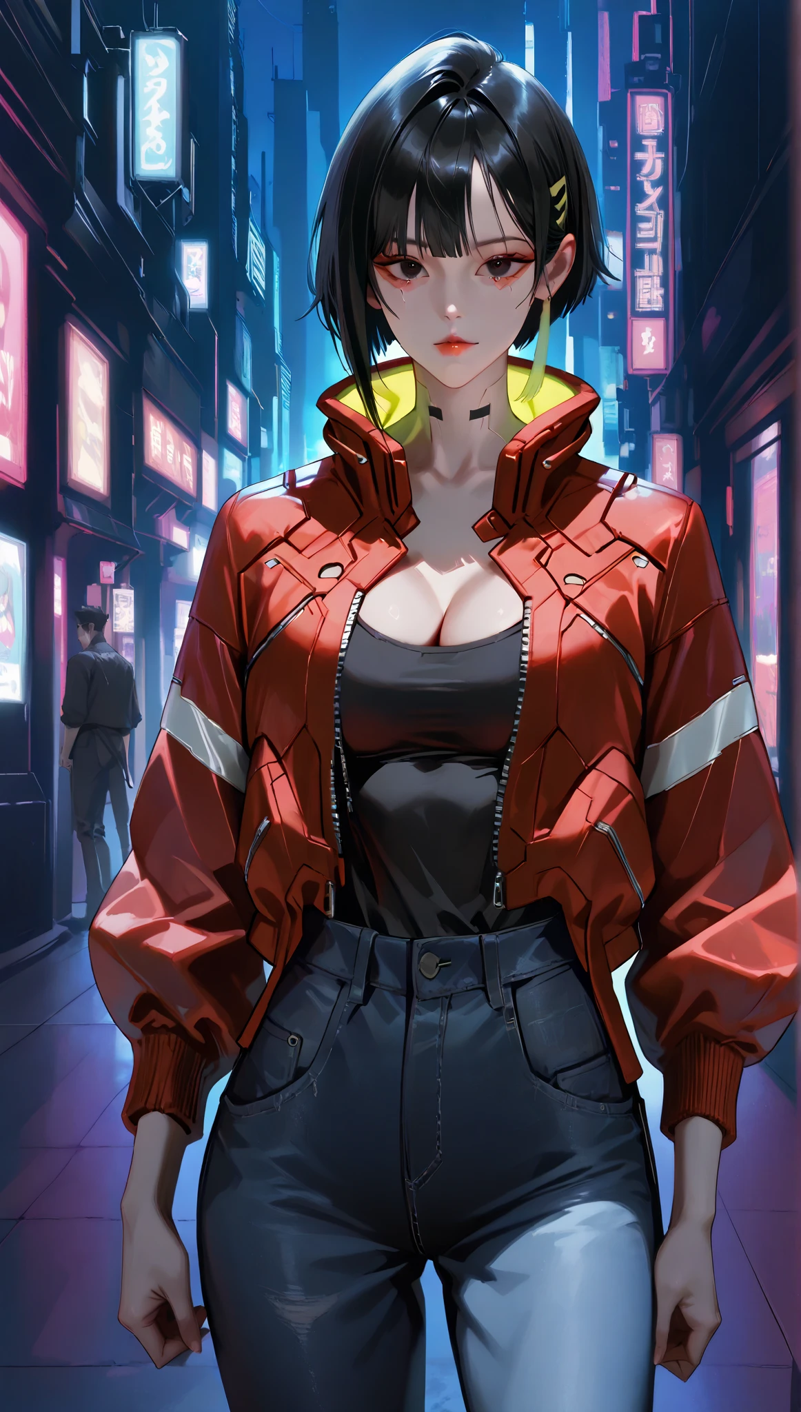 very aesthetic, 걸작, 고해상도, 8k 해상도, high contrast, semrealistic, newest, koreanai, best_quality, finely_detailed_eyes_and_detailed_face, 1 korean_여성, cyberpunk, edgerunners, cyberware, black_eyes, black_hair, short_hair, red_varcity_jacket, black_shirt, denim_pants, looking at viewer, (standing, purpose, night city), front_view, cowboy_shot, skinny_body, (humongous_breasts), cleavage, (skinnybody:1.2),beautiful, pretty