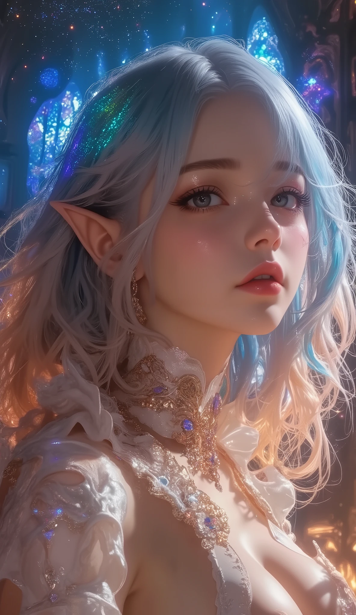 (nudity), Close-up of a elf woman with  colorful hair and necklace, cosmic haired anime elf girl, Big Breasts、 deep cleavage at the tip of the nipple、((((nudity)))),The gentle vitality of rose roses,  Gouvez Style Artwork ,   Fantasy Art Style ,  colorful],  Vivid Fantasy Style, Ross draws vibrant cartoons, cosmic and  colorful, Gwaiz,  colorful digital fantasy art,  amazing art style ,  beautiful anime style, Full body lighting, Skin Brightness, sexy expressions