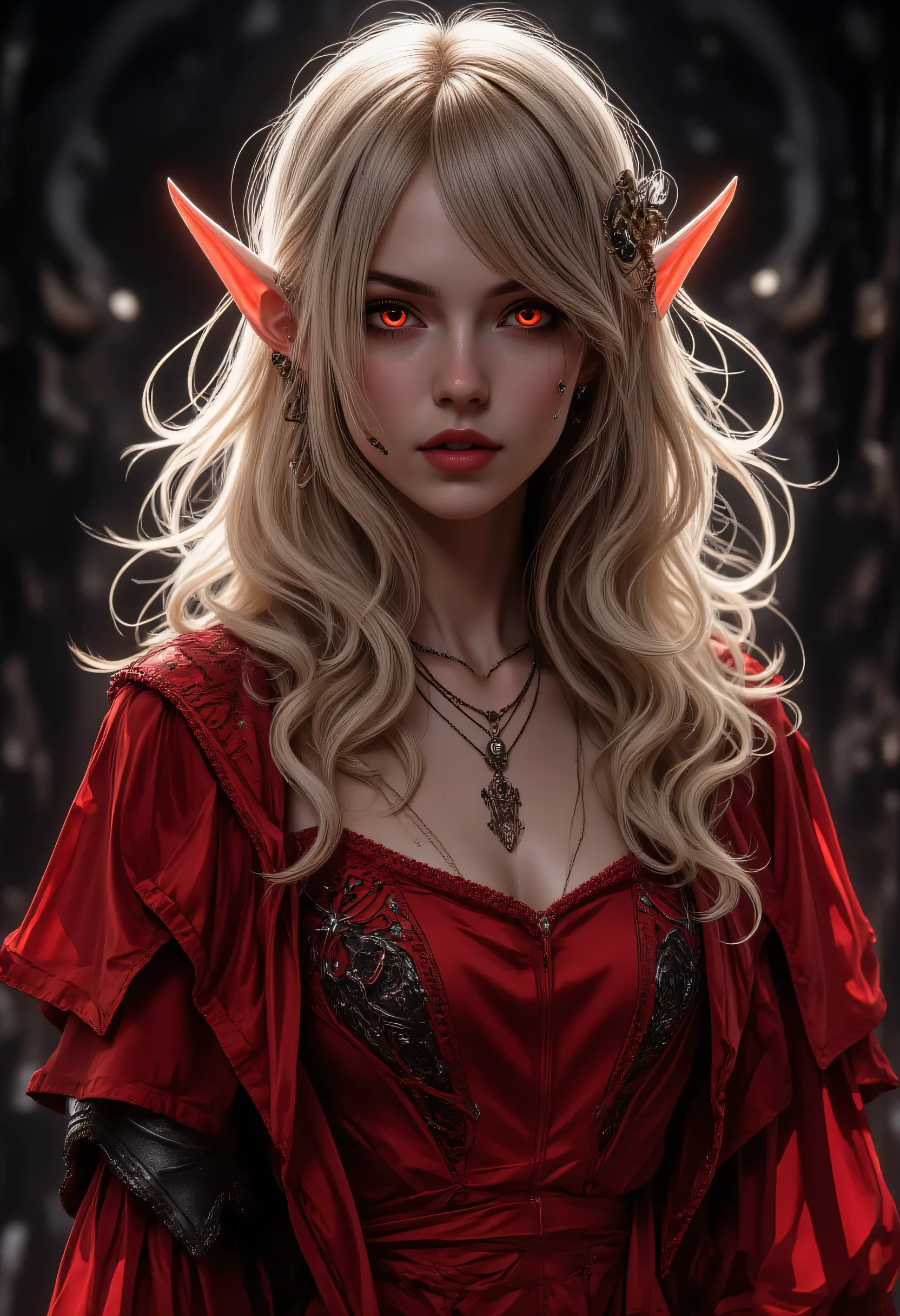 a picture of a female elf, fair skin, blond hair, long hair, wavy hair, flowing hair, sparkling fiery eyes, there are jewelry in her hair. wearing  red silk dress, intricate dress, exotic dress, high heels boots, best quality, 16k, ultra detailed, masterpiece, best quality, (extremely detailed), dynamic angle, ultra wide shot, photorealistic, RAW, fantasy art, dnd art,fantasy art, realistic art, aidmaDarkGothicAnime