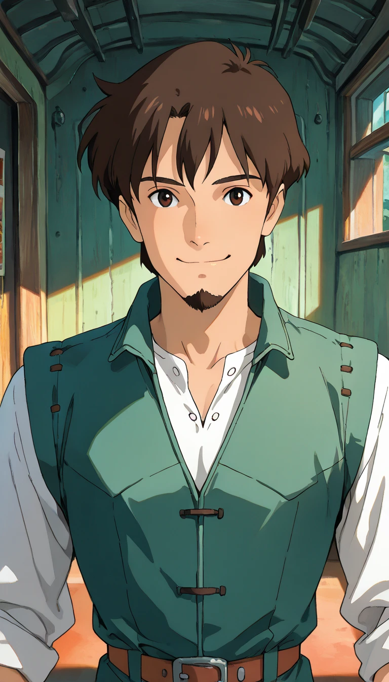 (score_9, score_8_up, score_7_up, score_6_up, score_5_up, score_4_up, BREAK, 1boy, flynnrider), (extremely detailed CG unit 8k wallpaper),(master part), (best quality), (ultra detail), (best illustration),(ghibli_style), cowboy shot, close up, standing, facing viewer, looking at viewer, perfect face, perfect eyes, perfect fingers, (Sharp eyeliner, ombre, detailed eyes:1), traditional media, ghibli landscapes, scenery, indoors, windows behind her, break , upper body, solo, smile, (short hair, brown hair, brown eyes, green vest, white shirt, facial hair), torso, pectorals, muscular)