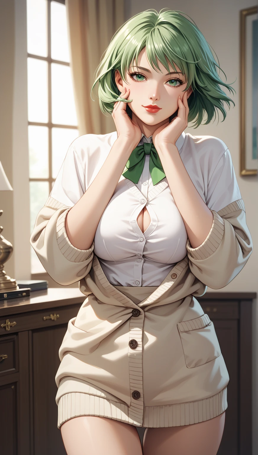 8K picture quality、top-quality、masutepiece、An ultra-high picture quality、ultra-detailliert、Ultra-realistic hair quality、Vibrant colors, 1 girl, Solo, Beautiful face, Clear skin,fine texture, light yellow-green hair,short hair,curl inside hair, green eyes, round eyes, eye makeup, Small mole under the eye, large breasts, rounded chest,One mole in the cleavage.HOOP earrings, (Long sleeved white collared shirt1.2), cleavage, tartan skirt, Provocative smile,on the,bed