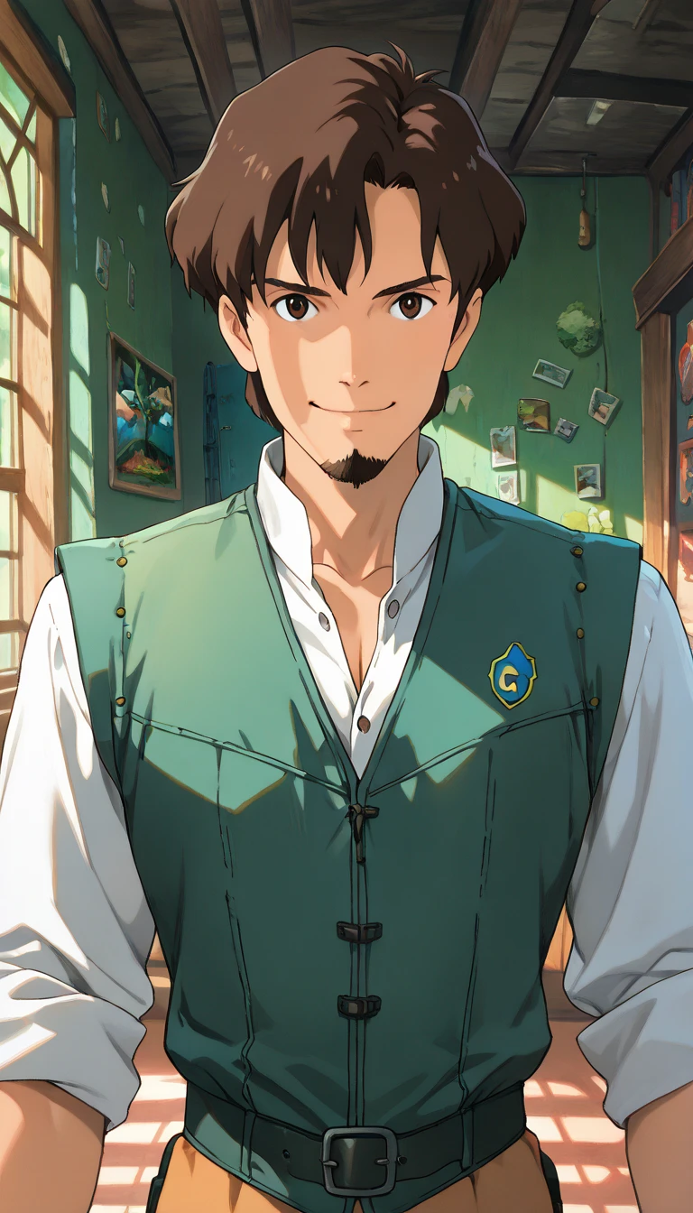 (score_9, score_8_up, score_7_up, score_6_up, score_5_up, score_4_up, BREAK, 1boy, flynnrider), (extremely detailed CG unit 8k wallpaper),(master part), (best quality), (ultra detail), (best illustration),(ghibli_style), cowboy shot, close up, standing, facing viewer, looking at viewer, perfect face, perfect eyes, perfect fingers, (Sharp eyeliner, ombre, detailed eyes:1), traditional media, ghibli landscapes, scenery, indoors, windows behind her, break , upper body, solo, smile, (short hair, brown hair, brown eyes, green vest, white shirt, facial hair), torso, pectorals, muscular)