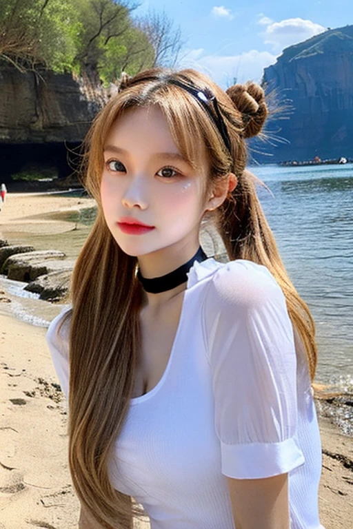 Arafed woman with red hair and a brown dress posing for a photo., coletas hairstyle, two coletas hairstyle, coletas hair, peinado de dos colas, with black coletas, jennie rosa negro, ulzzang, hair in coletas, long coleta, coleta braids, coletas, coleta, wonyoung, short coletas hair
