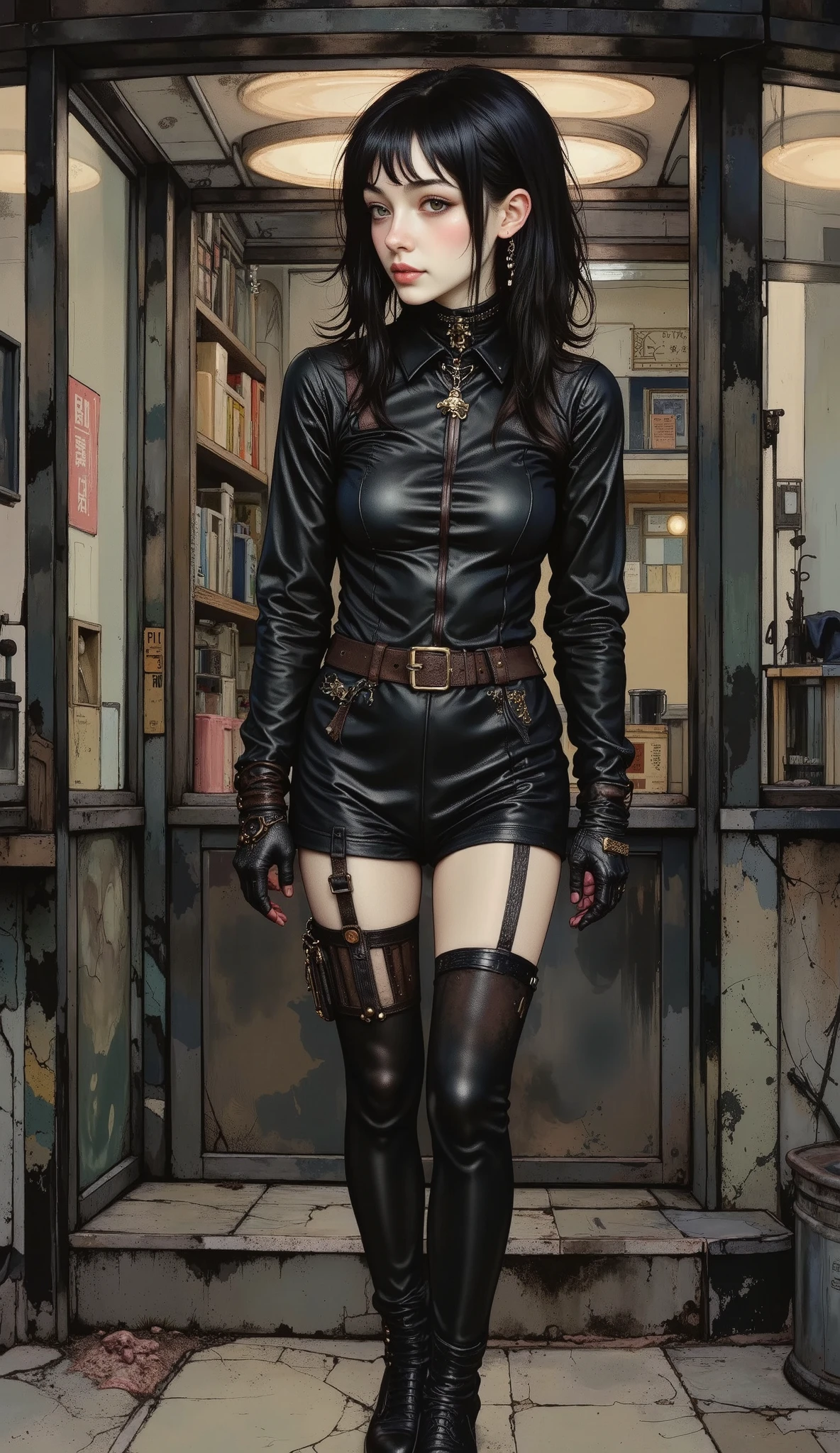 Dynamic half-profile pose ,   Whole body,  Anime girl in a black suit standing in front of a store, dressed in punk clothes,   an anime girl dressed in a black dress  , dressed in crustpunk clothing  ,   Goth anime girl  ,  Who wears a punk outfit  , rosa and black,   anime character;   full body art  , 80&#39; s anime environment ,   aesthetic appearance of a goth girl  ,   Full body anime illustration  ,  Cinematic Lighting, projected shadow,  backlight, several monochrome , U high definition, Retina,  masterpiece,  Precise,   anatomically correct ,  Textured leather,  super detail,  tall details ,  high quality,  awarded ,  the best quality,   highres, 1080P,  high definition, 16K